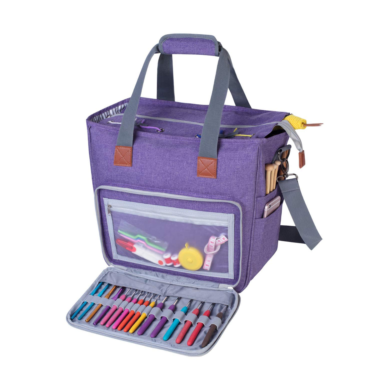 LUXJA Large Knitting Bag with Shoulder Straps, Purple