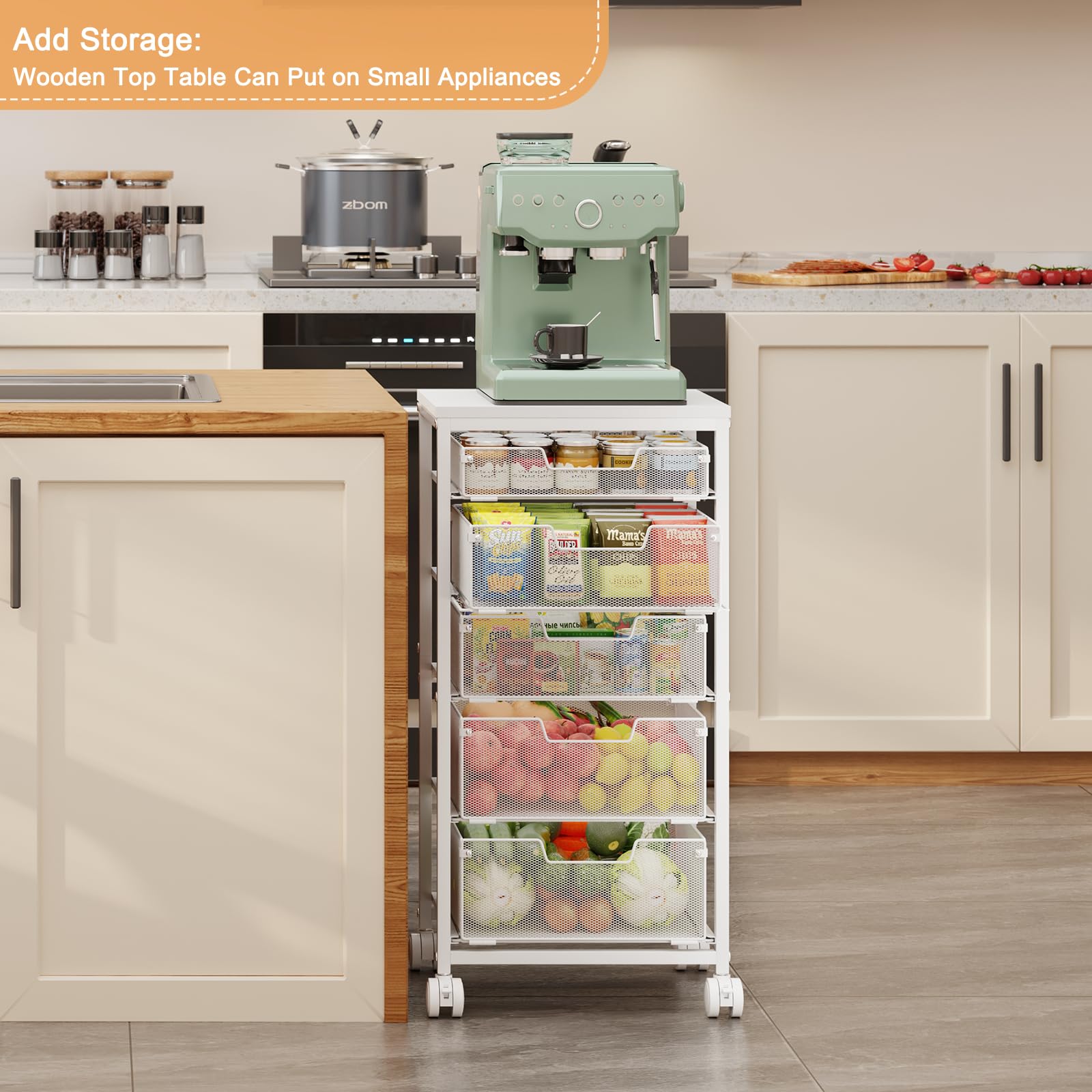 Kitchen Storage Cart with Wheels, 5-Tier Fruit Vegetable Storage Cart, Kitchen Organizer and