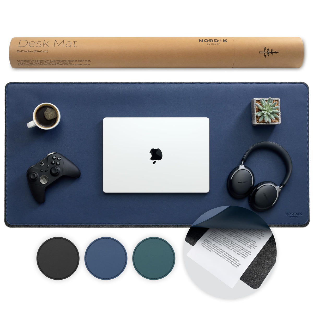 Nordik Felt and Leather Desk Mat - Dual Layer Midnight Blue 35 x 17 in