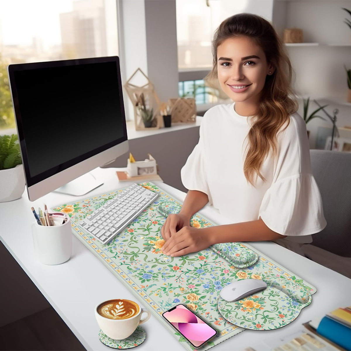 LIMKRIAN Floral Desk Mat Set, Cute Green Mouse Pad with Gel Wrist Rest