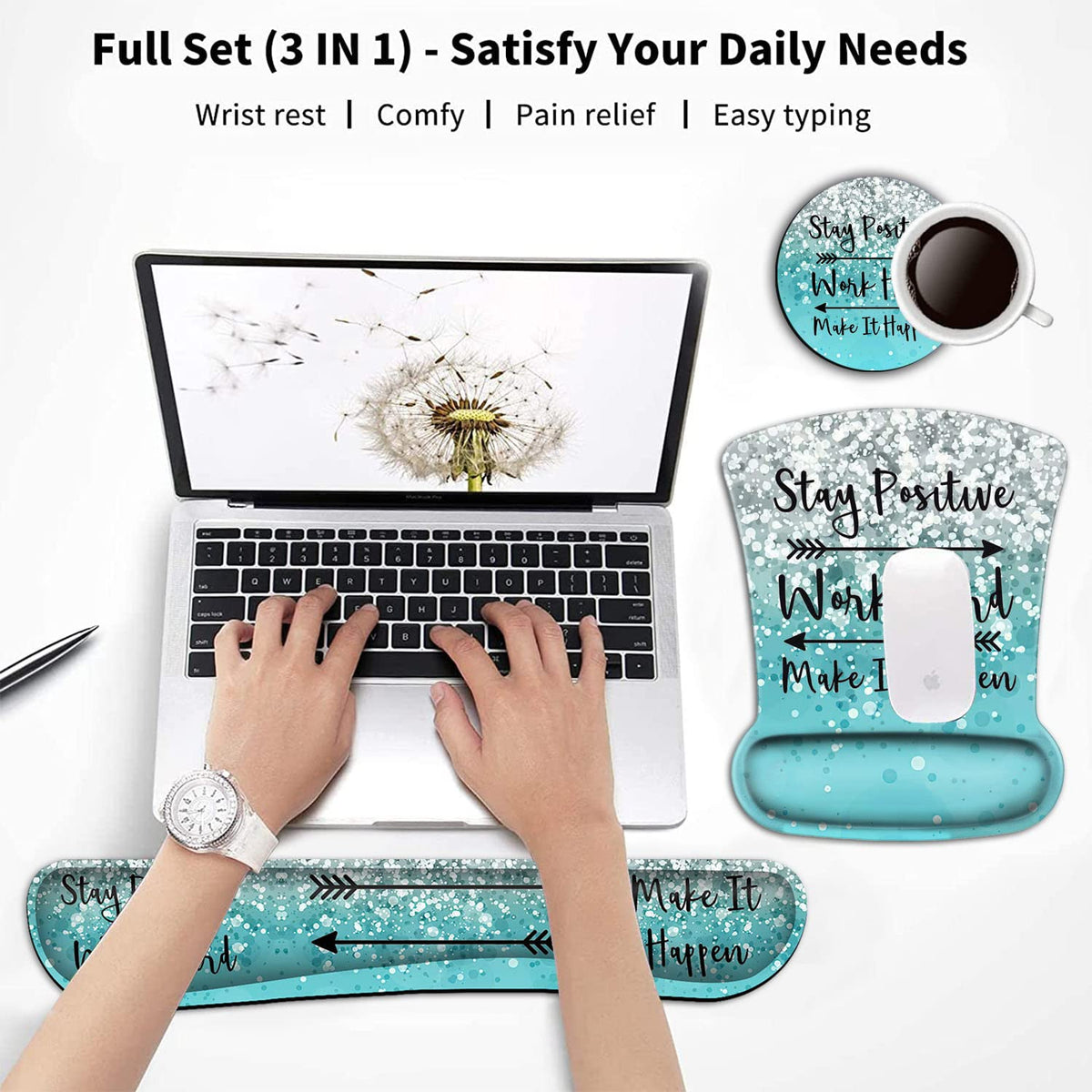 Keyboard Wrist Rest and Mouse Pad Wrist Support Set,Stay Positive Work Hard and Make It Happen Blue
