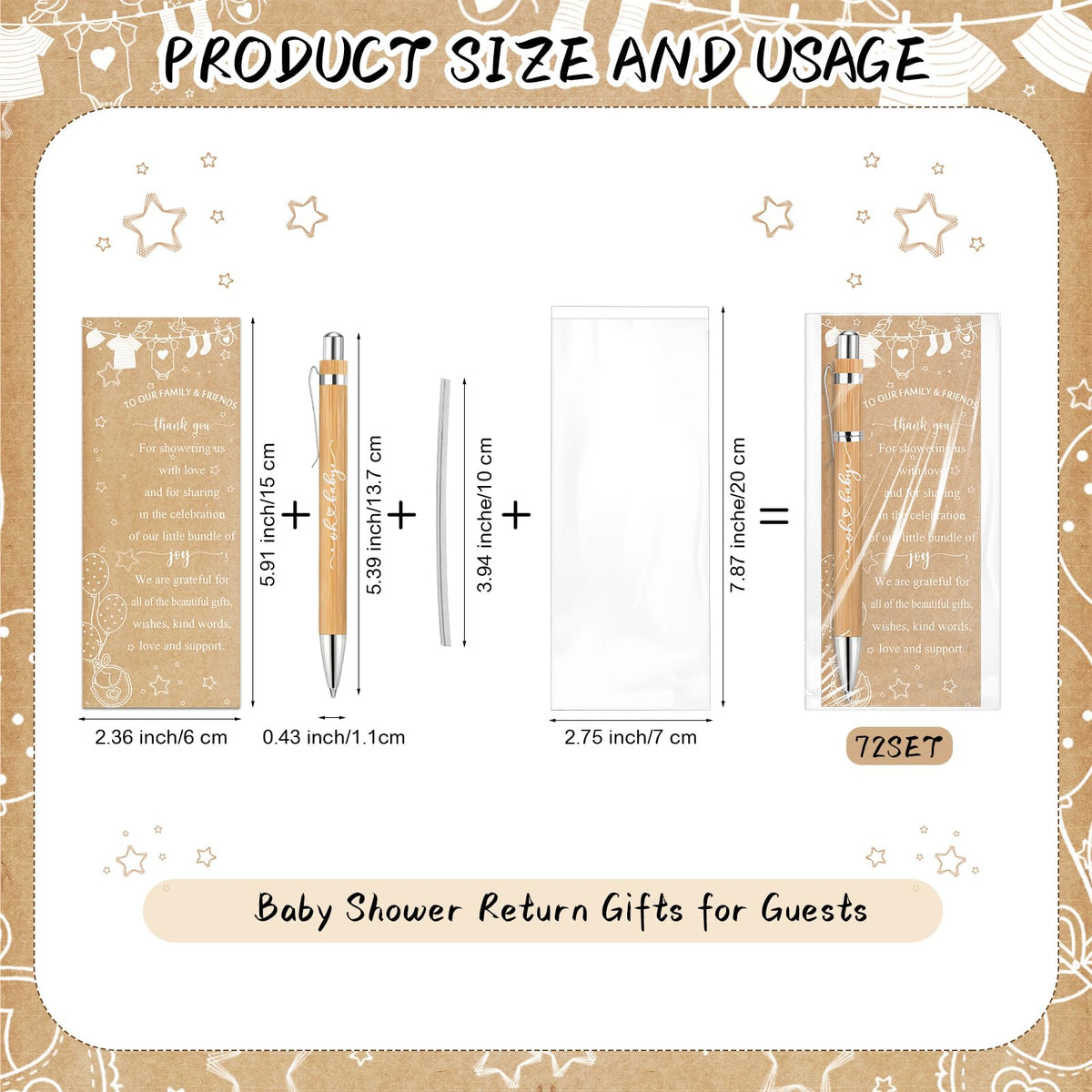 Zhanmai 72 Set Baby Shower Favors Bamboo Thank You Pens Cards Bags