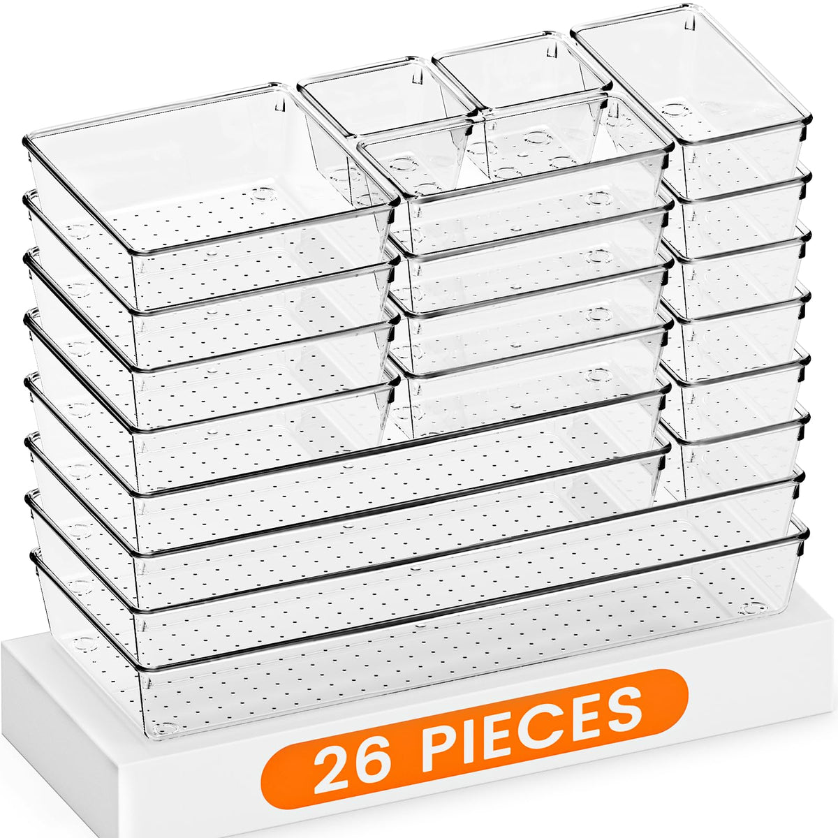 Criusia Drawer Organizer, 26 Pack Clear Plastic Drawer Organizer Bins, Versatile Organization and