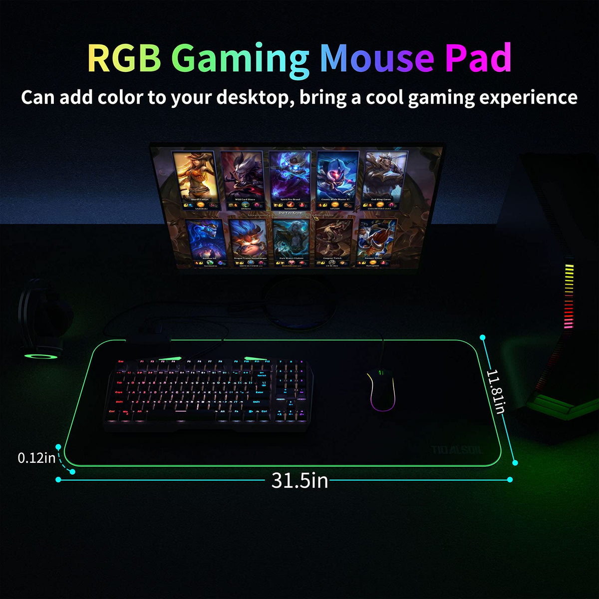 TIDALSOIL RGB Gaming Mouse Pad with 4-Port USB Hub, 31.5x11.8 in Desk Mat