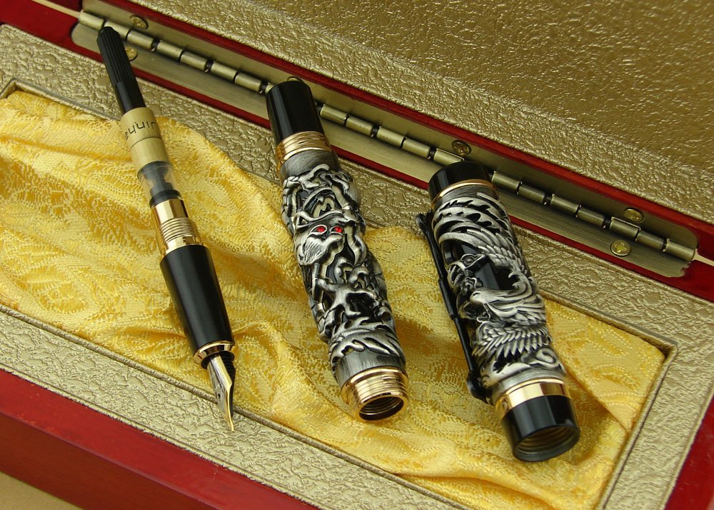 Jinhao Dragon Phoenix Fountain Pen Fine Writing Luxury Case Set Vintage Black Collection with Ink