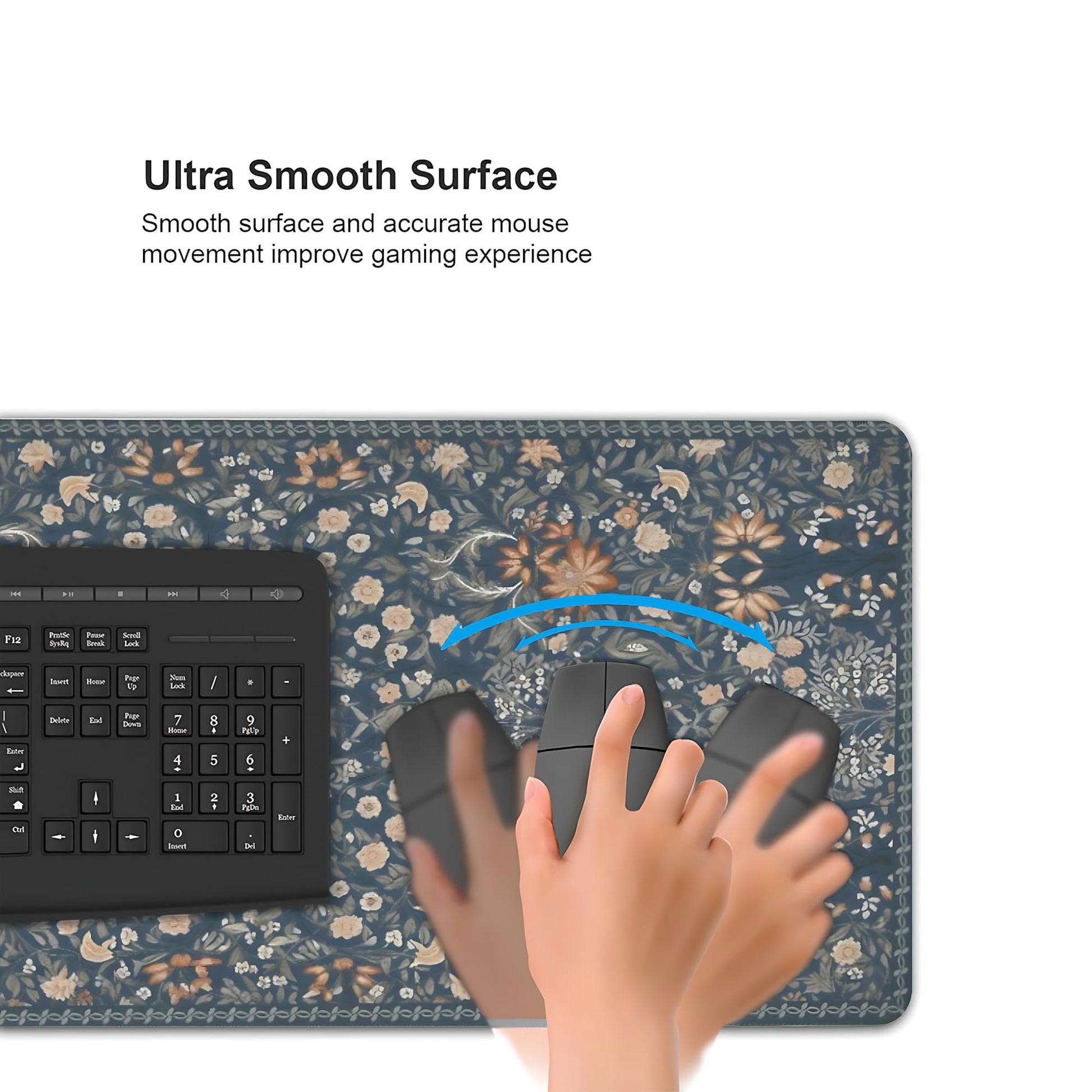 Floral Aesthetic Wildflower Gaming Mouse Pad, Blue Pink Rug Desk Mat with Anti-Slip Base & Stitched