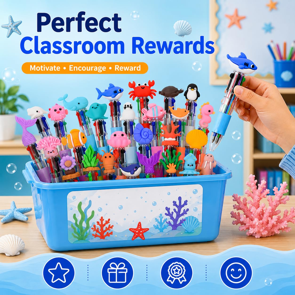30PCS Ocean Animal Multicolor Pens, 4 Color Ballpoint Pens Bulk, Retractable Novelty Pens with