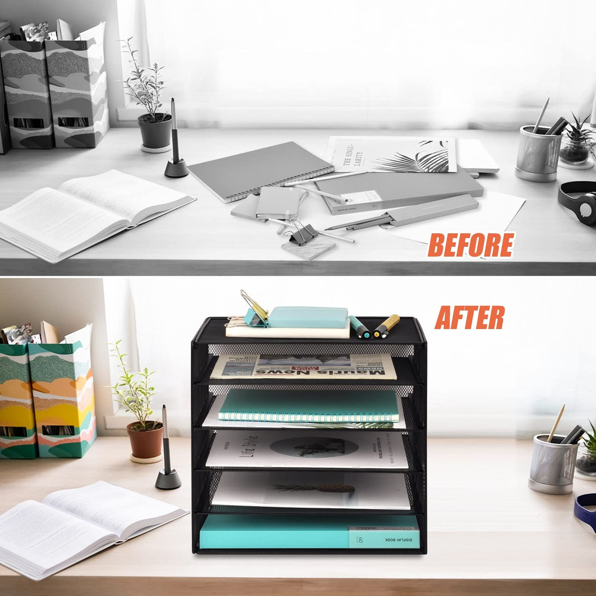 EASEPRES 5 Slot Mesh Desk Organizer Tray, File Paper Letter Folder Holder Desktop Paper Sorter Mail