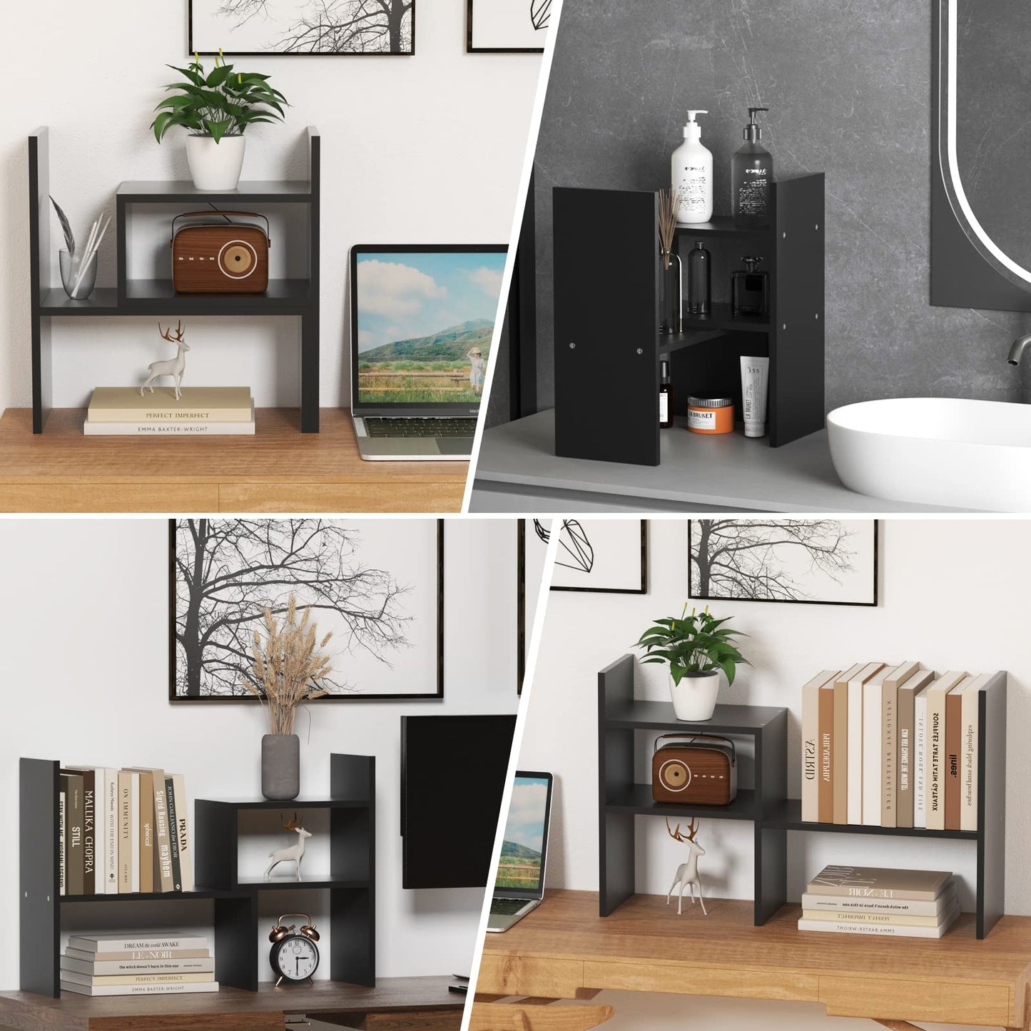 TY ARTS & CULTURE Expandable Black Wood Desktop Organizer-Desk Bookshelf