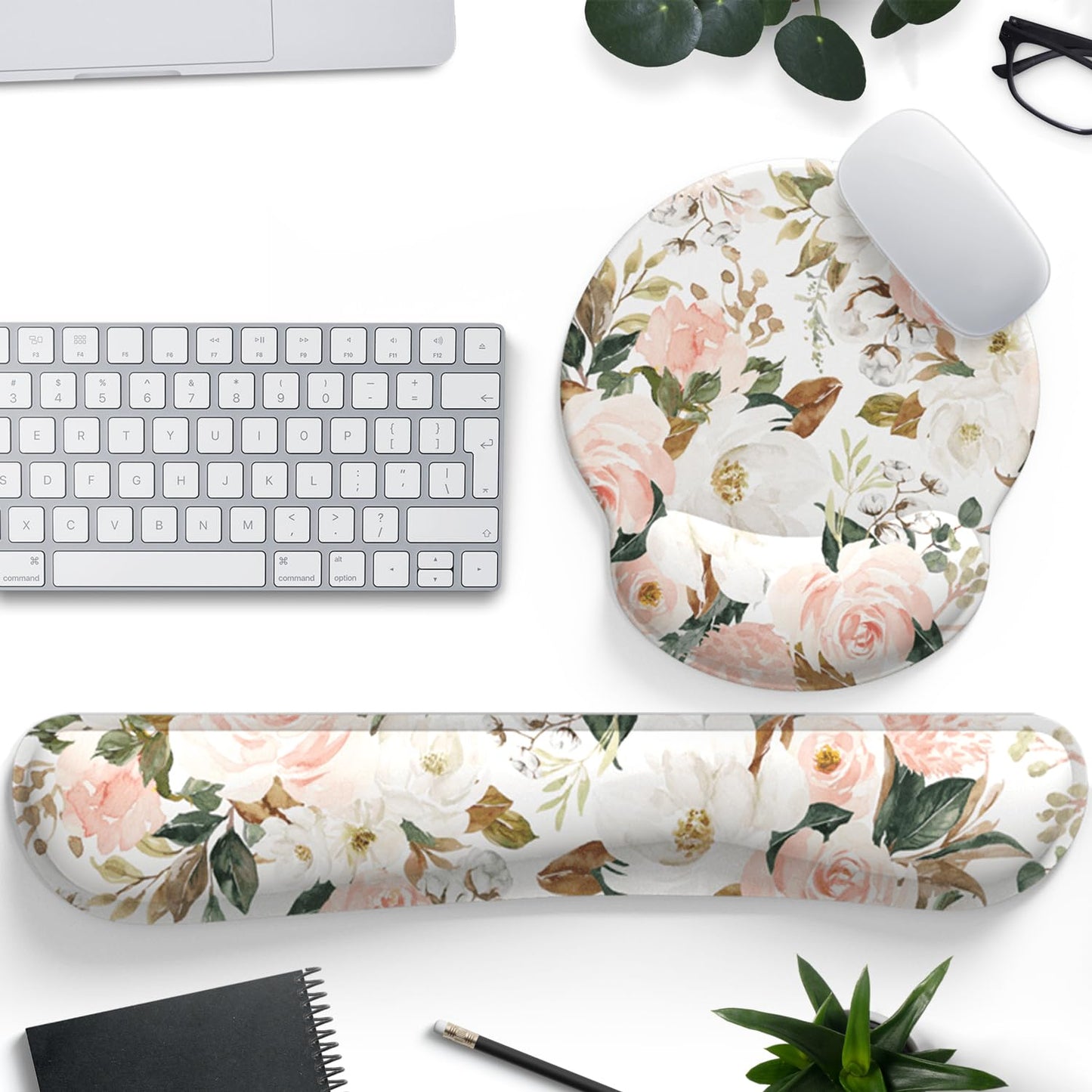 Pink Flower Desktop Mat Aesthetic Wrist Support Keyboard Mouse Wrist Rest Set, Computer Office