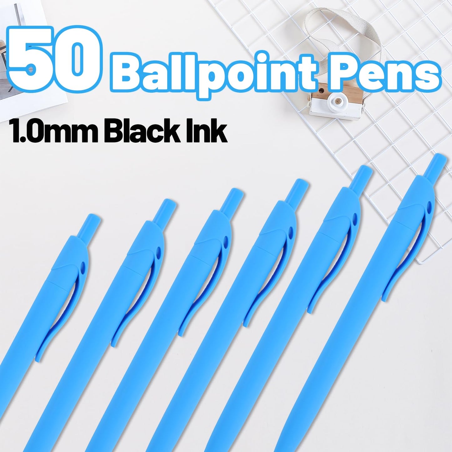 Wiaziert BallPoint Pens, 50 Pack (BLACK Ink),Bulk Pens, Sky Blue Barrel,Click Pens for Office Home