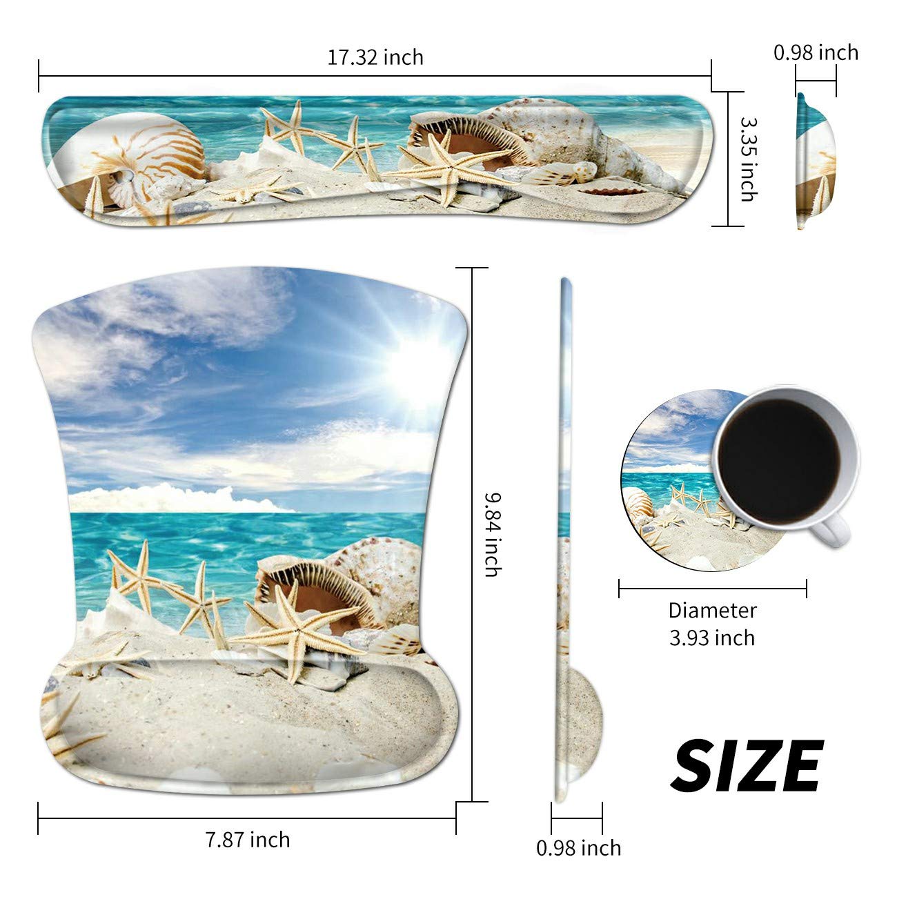 BEOTIWAD Memory Foam Mouse Pad Wrist Rest Set,Seashells Beach