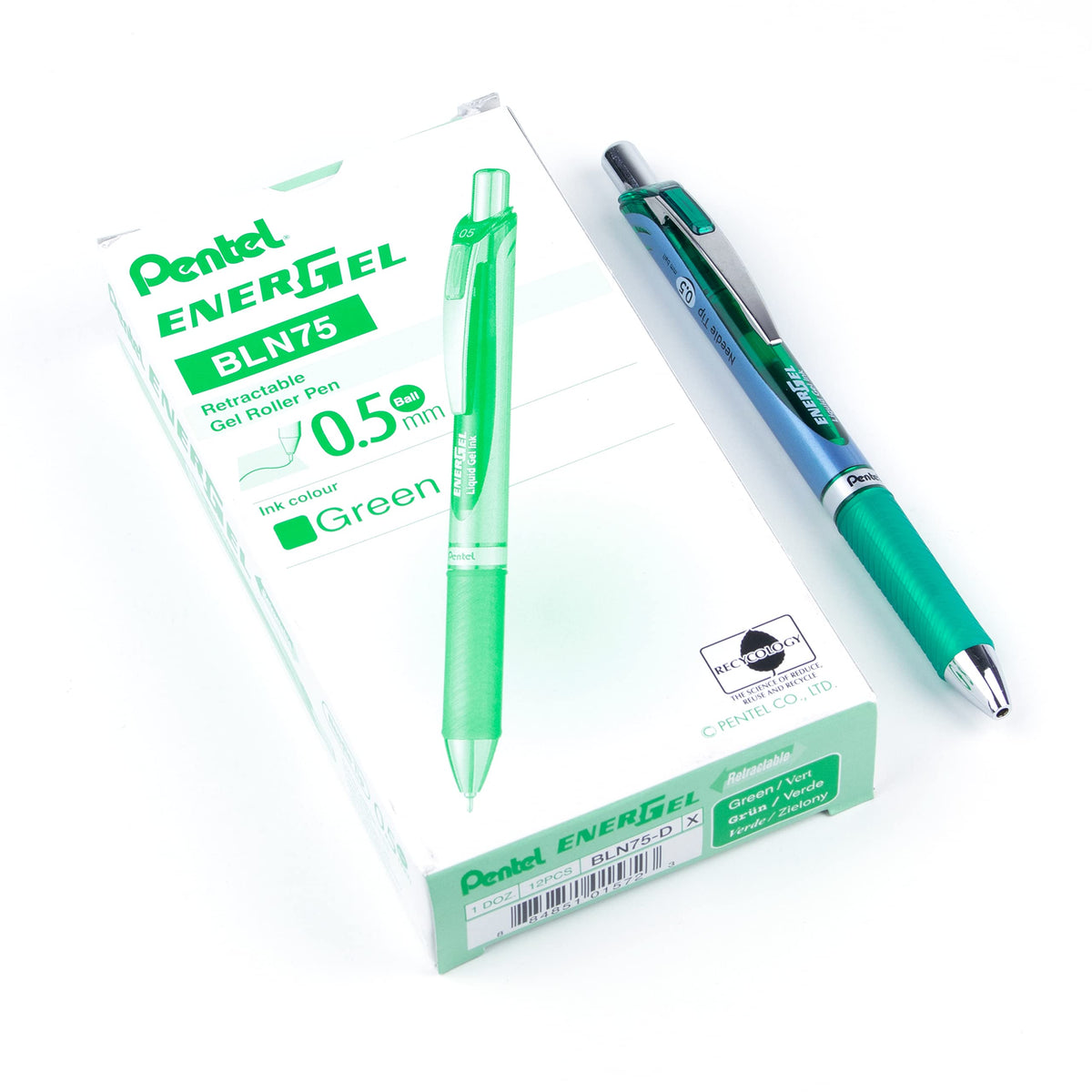 Pentel EnerGel Deluxe RTX Retractable Liquid Gel Pen, Fine Line, Needle Tip, Green Ink, Box of 12