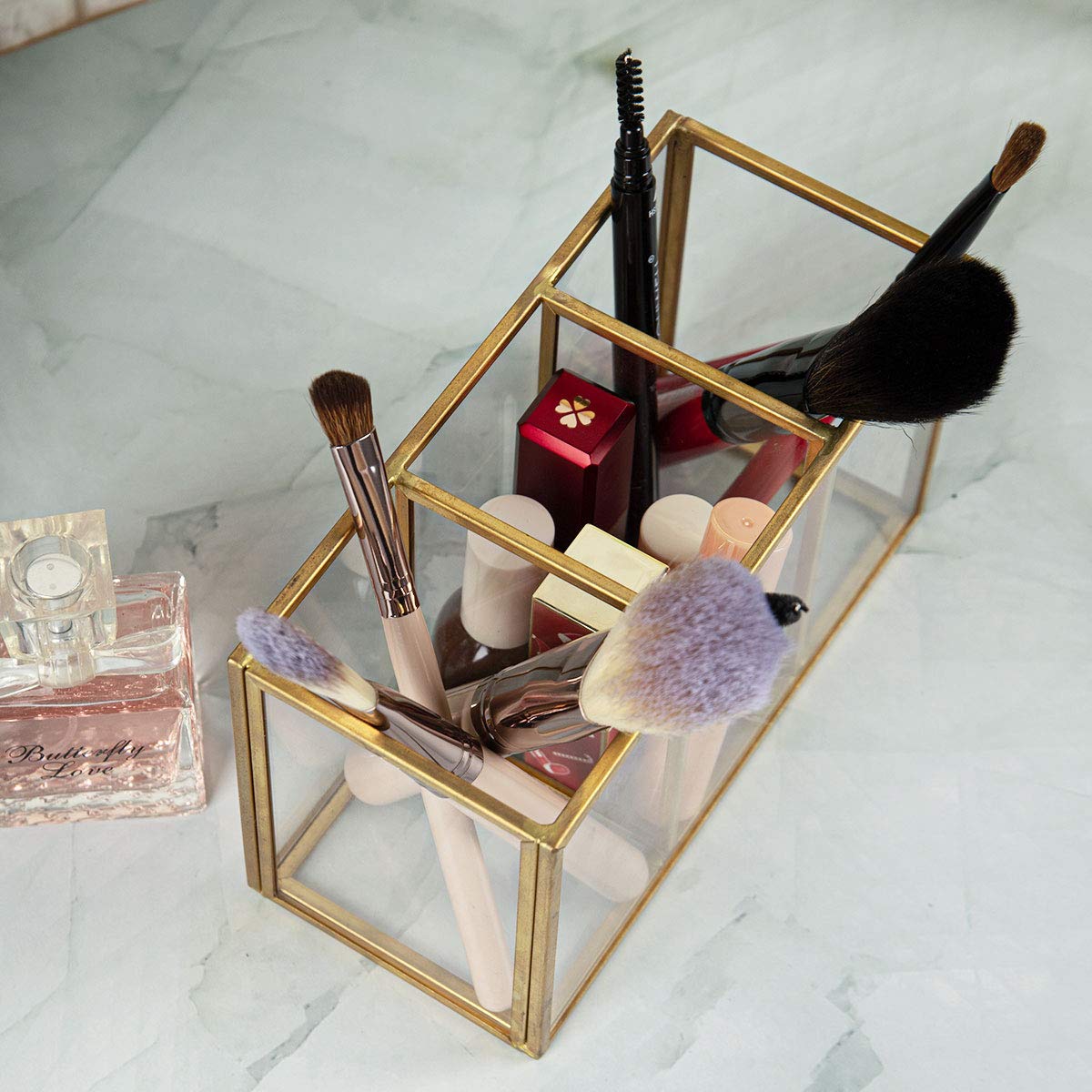NIUBEE Acrylic Pen Holder 3 Compartments, Gold Pencil Organizer Cup for Countertop Desk Accessory