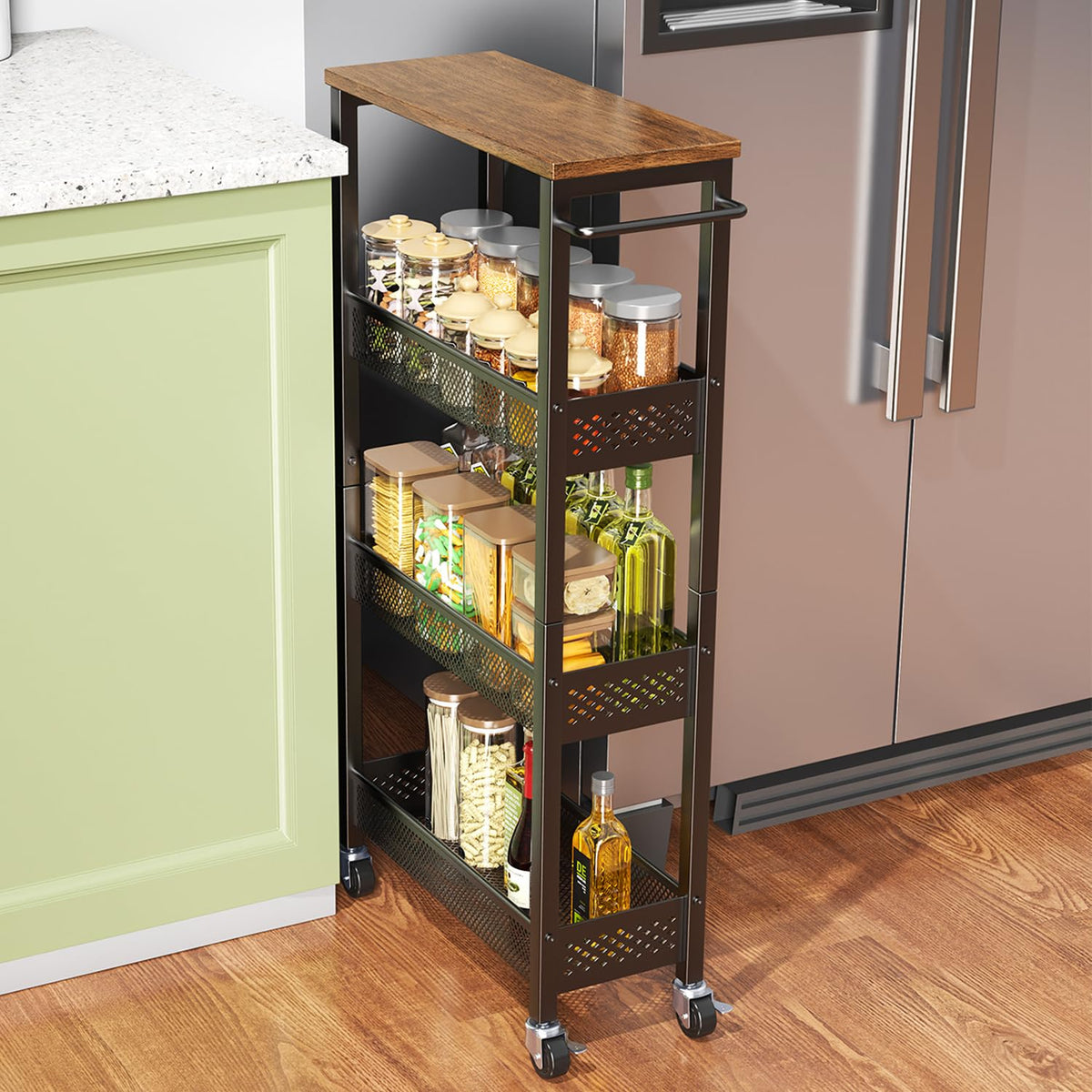 XYZLVSI Utility Slim Storage Cart, 4 Tier Kitchen Narrow Shelf on Wheels