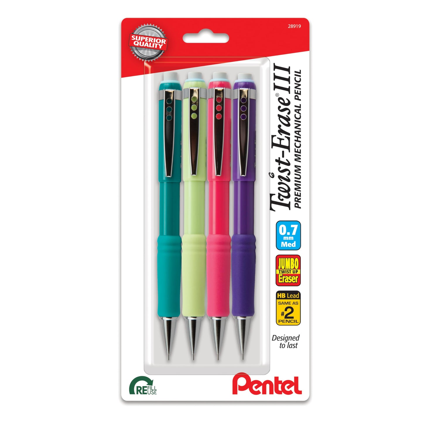 Pentel Twist-Erase III Mechanical Pencil, (0.7mm), Medium Line, Assorted Fashion Color Barrels