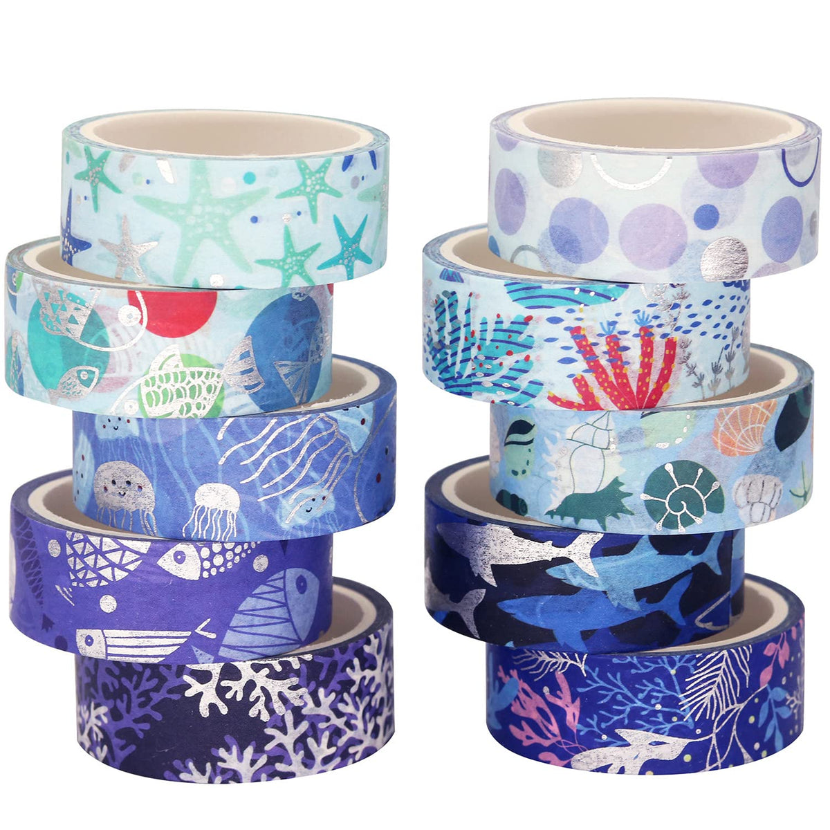 YUBX Ocean Blue Washi Tape Set 10 Rolls Silver Foil Print Decorative Masking Tapes for Arts, DIY