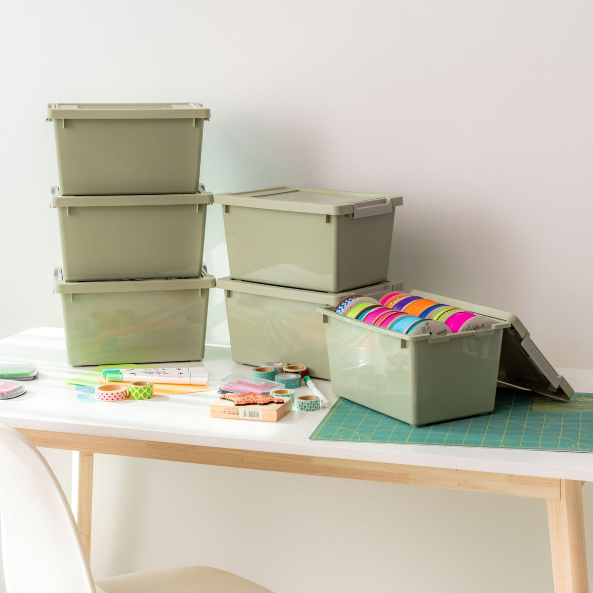 IRIS USA Storage Bins with Lids |Made in USA| 4 Qt - (6-Pack) - Sage Green