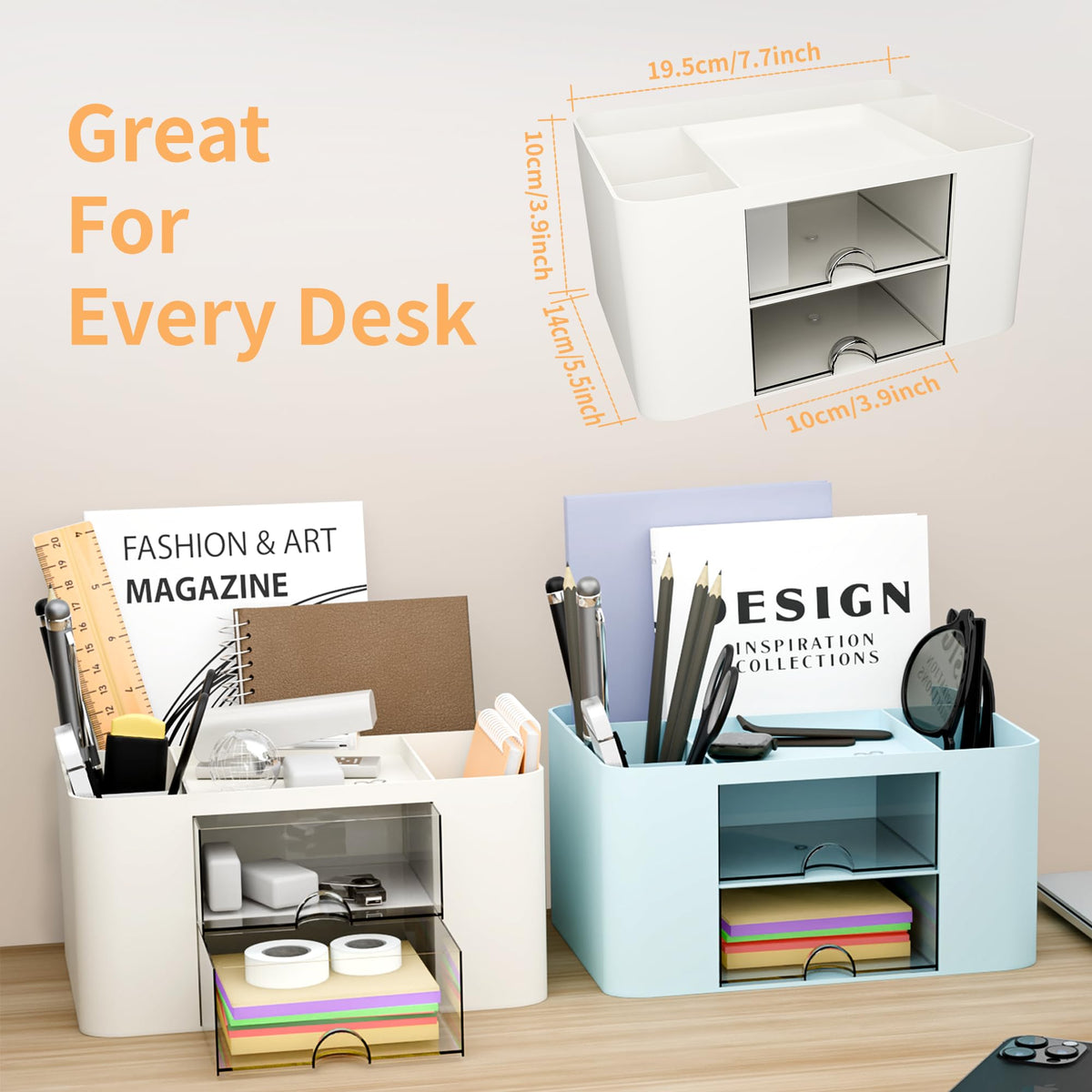 CasaCulina Desk Organizer with 2 Drawer, Multi-Functional Pencil Pen Holder, Plastic Desk