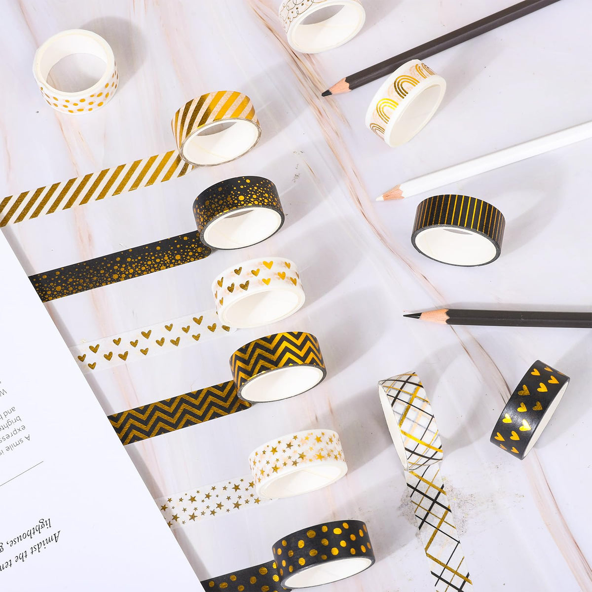 Whaline 12 Rolls Gold Foil Pattern Washi Tape Heart Dot Stripe Rainbow Masking Tape Set Decorative