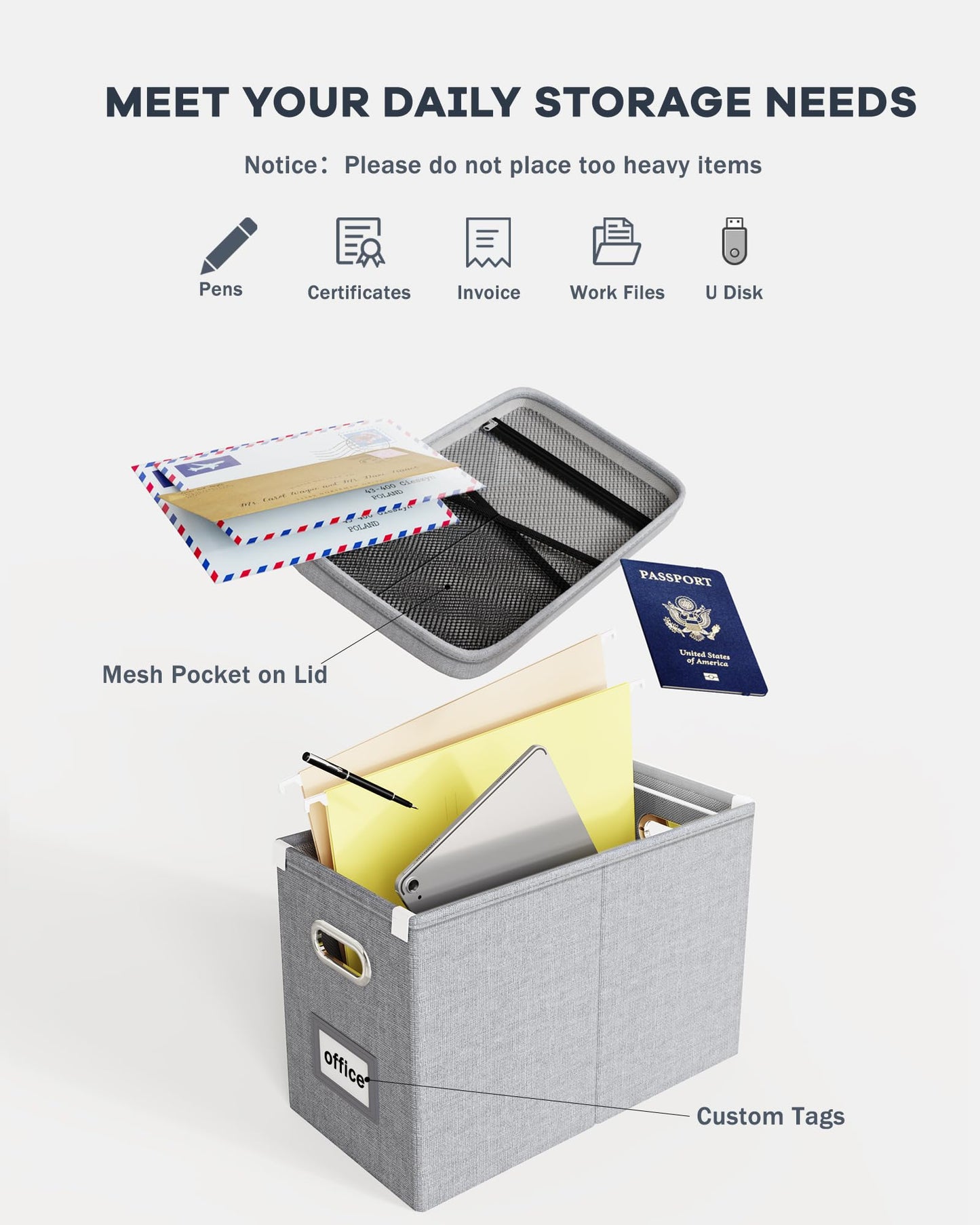 Oterri File Organizer Box with Lid, Hanging Filing File Box with Mesh Pocket, Document Organizer