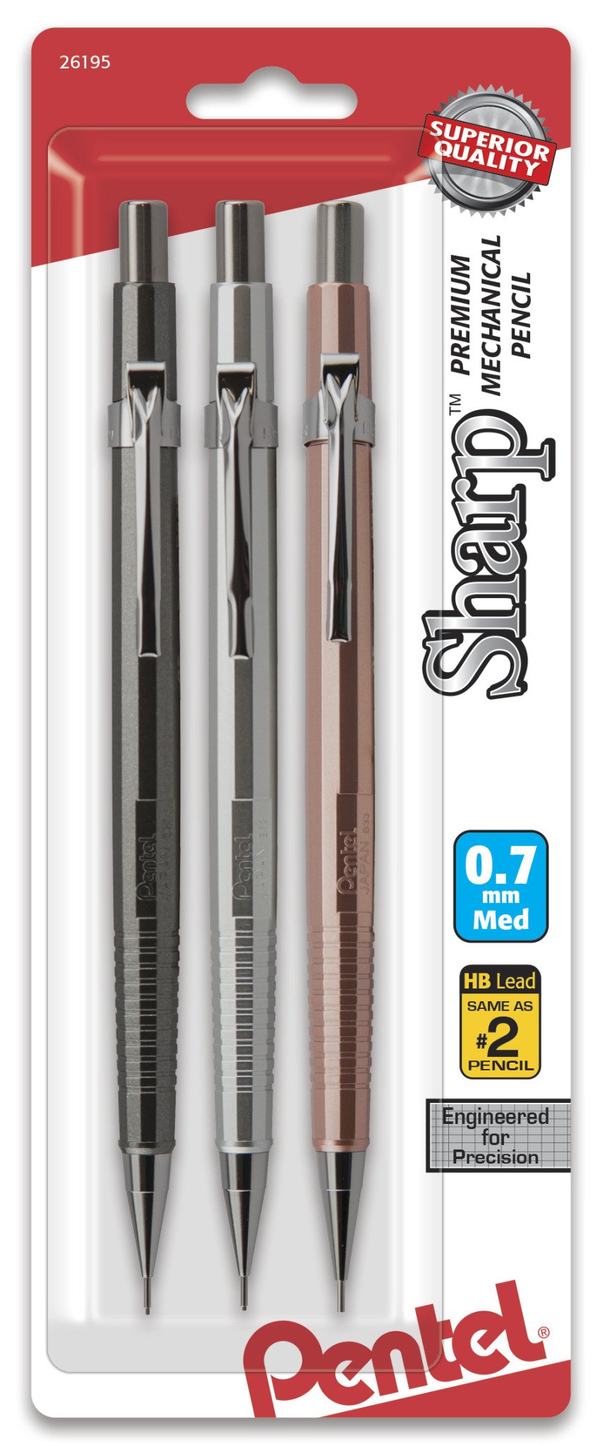 Pentel Sharp Mechanical Pencil, (0.7mm), Medium Line, Metallic Barrel, Assorted Colors, Pack of 3