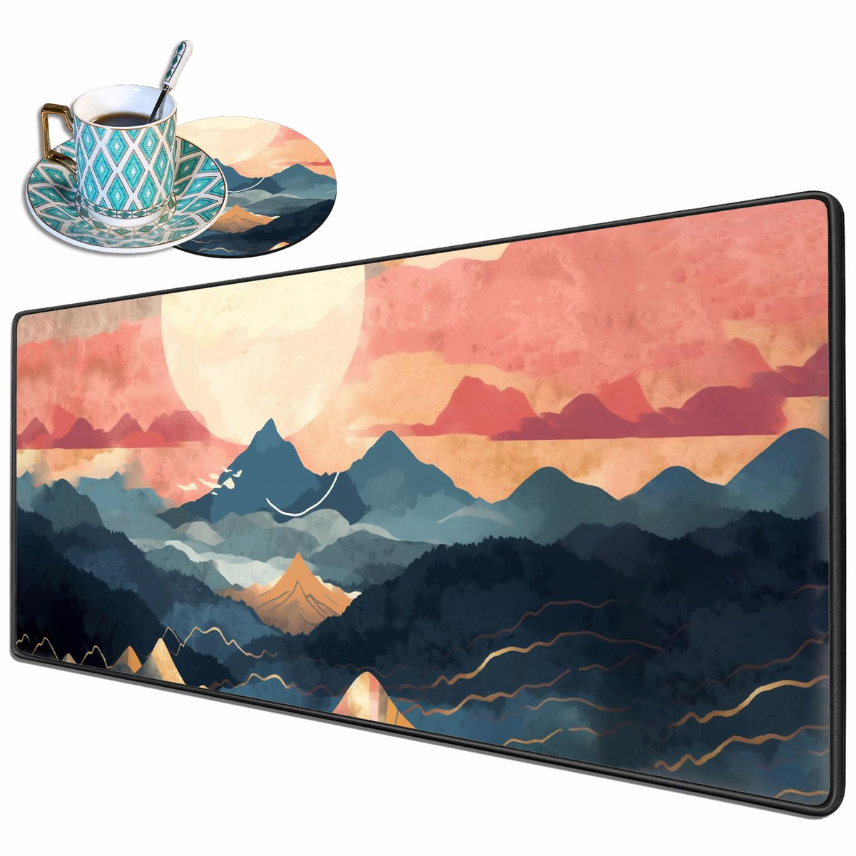 Desk Pad Mat Gaming Mouse Pads with Coasters, 31.5"x 11.8" XXL Large Big Computer Keyboard Mouse