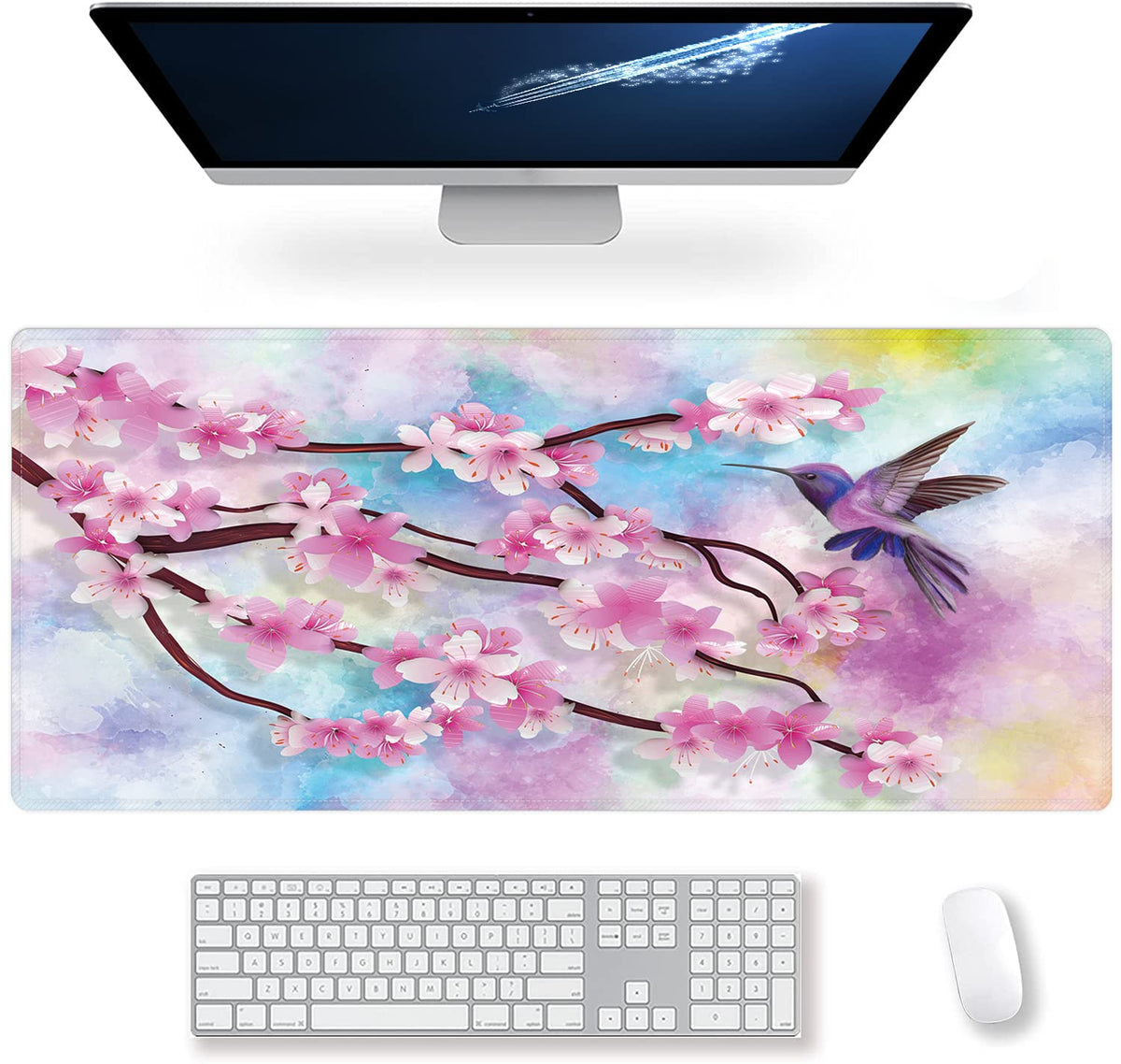 Extended Large Gaming Mouse Pad Spring Peach Blossoms and Hummingbirds XXL Size Keyboard Mouse Mat