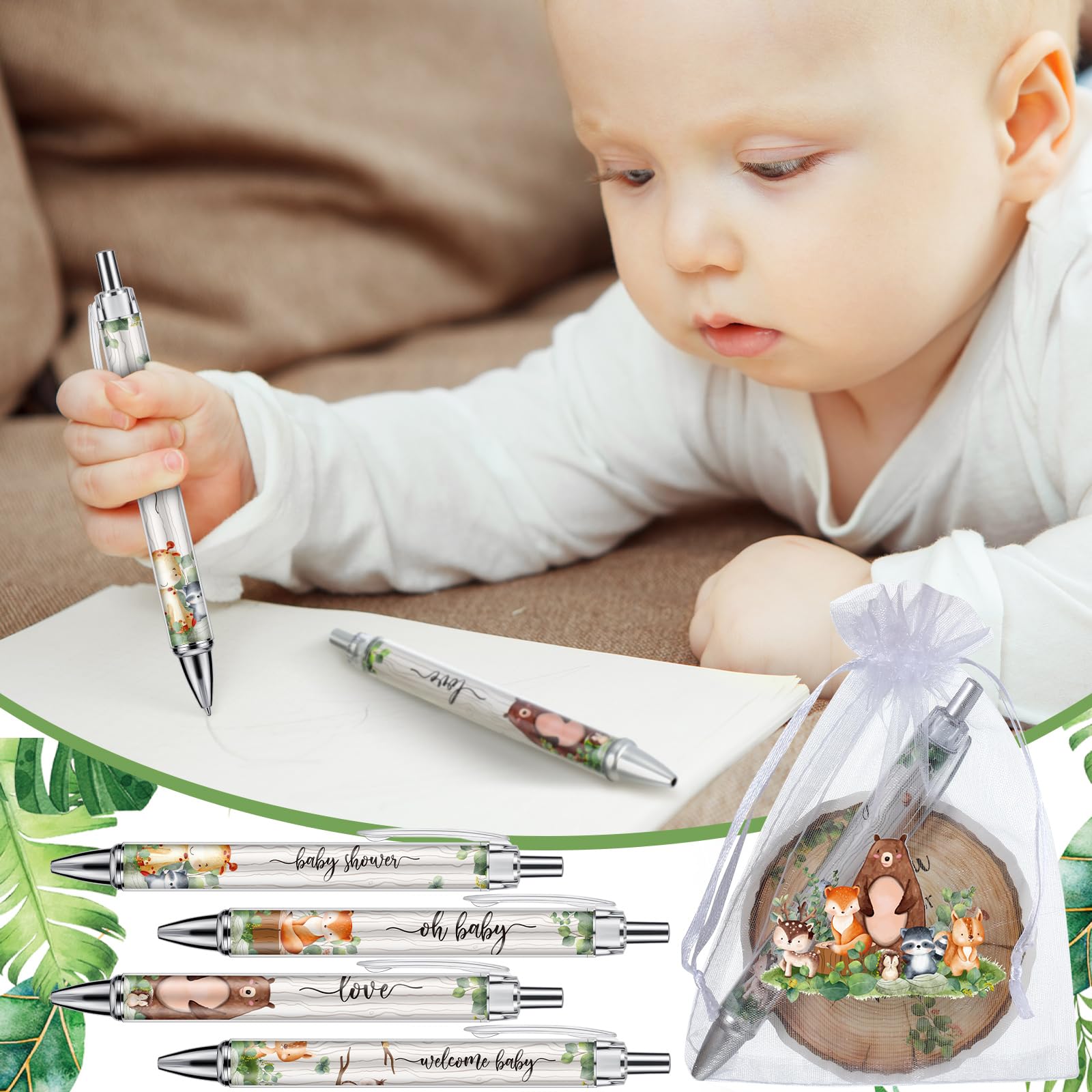 50 Sets Baby Shower Favors for Guests(White Green, Woodland Animal)