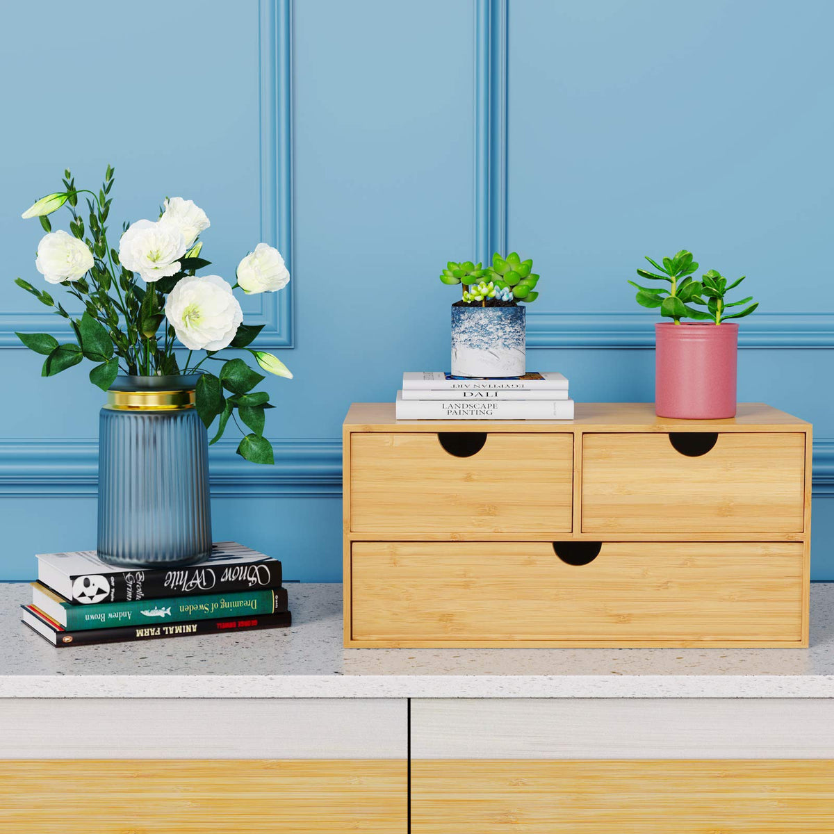 Bamboo Desk Organizer with Drawers, 3-Drawer Desktop Storage Box