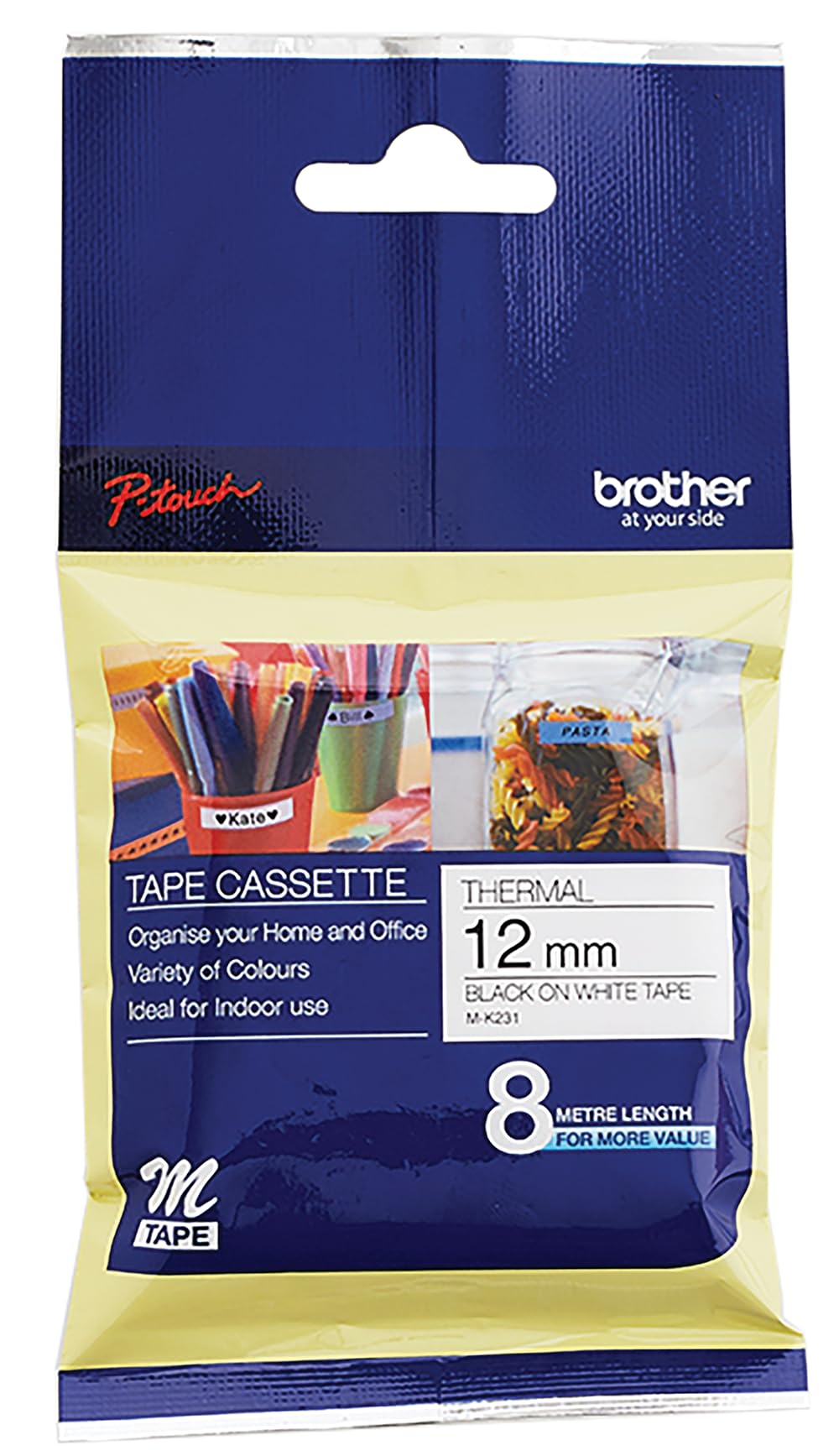 Brother Metallic Tape, 1.2 cm, Black, White, 8000 Labels, Compatible with M-K231, PT100, PT110