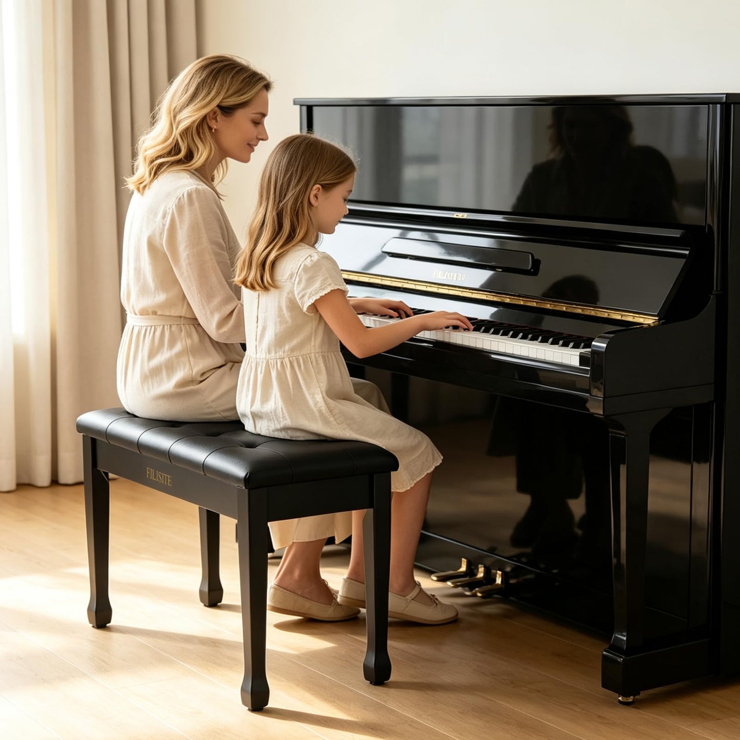 FILISITE Duet Piano Bench with Storage, Wooden Piano Stool with Waterproof Padded Cushion, Bench
