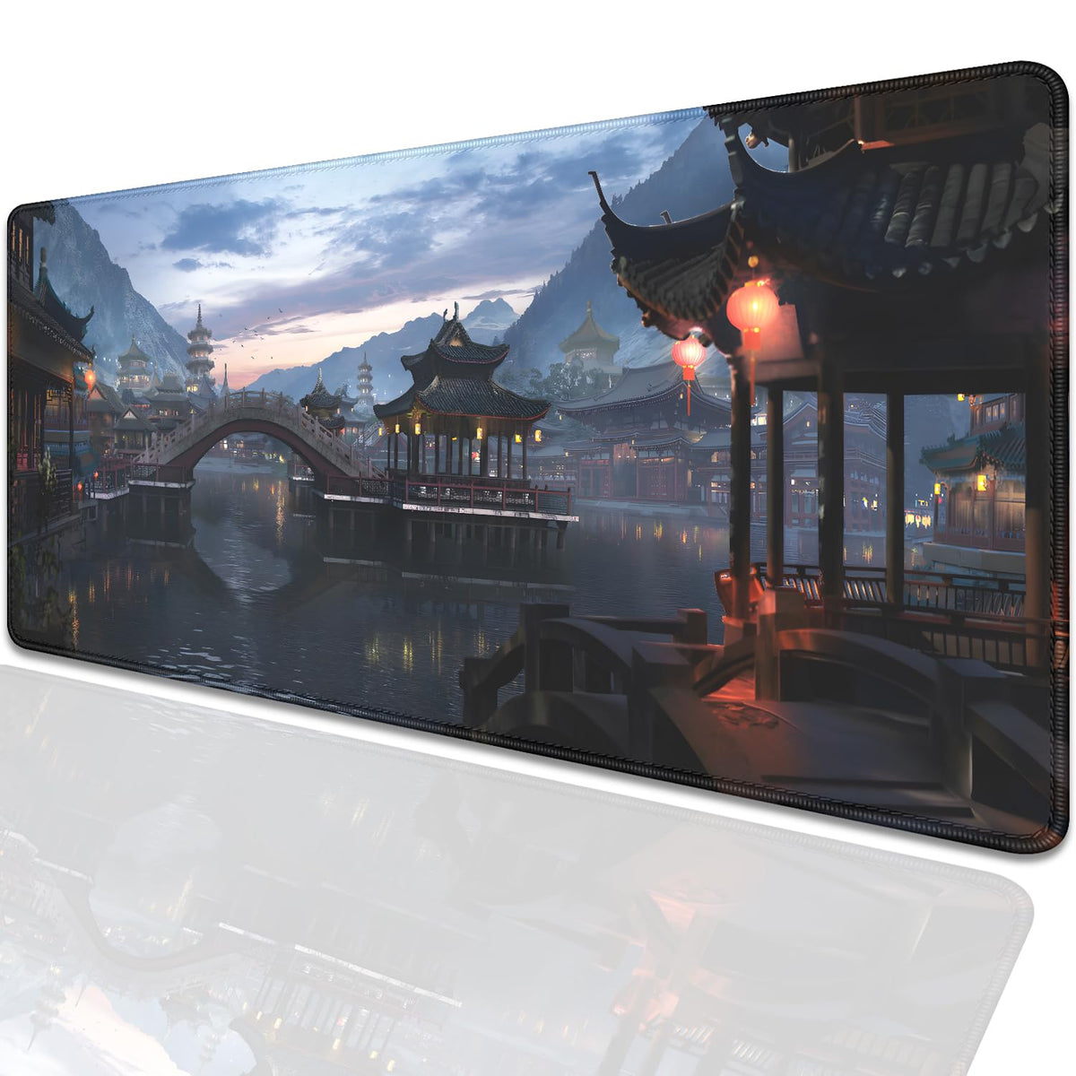 Japanese Style Ancient Pavilion Sky Mountains Extended Desk Pad Mouse Pad,Stitched Edges Non-Slip