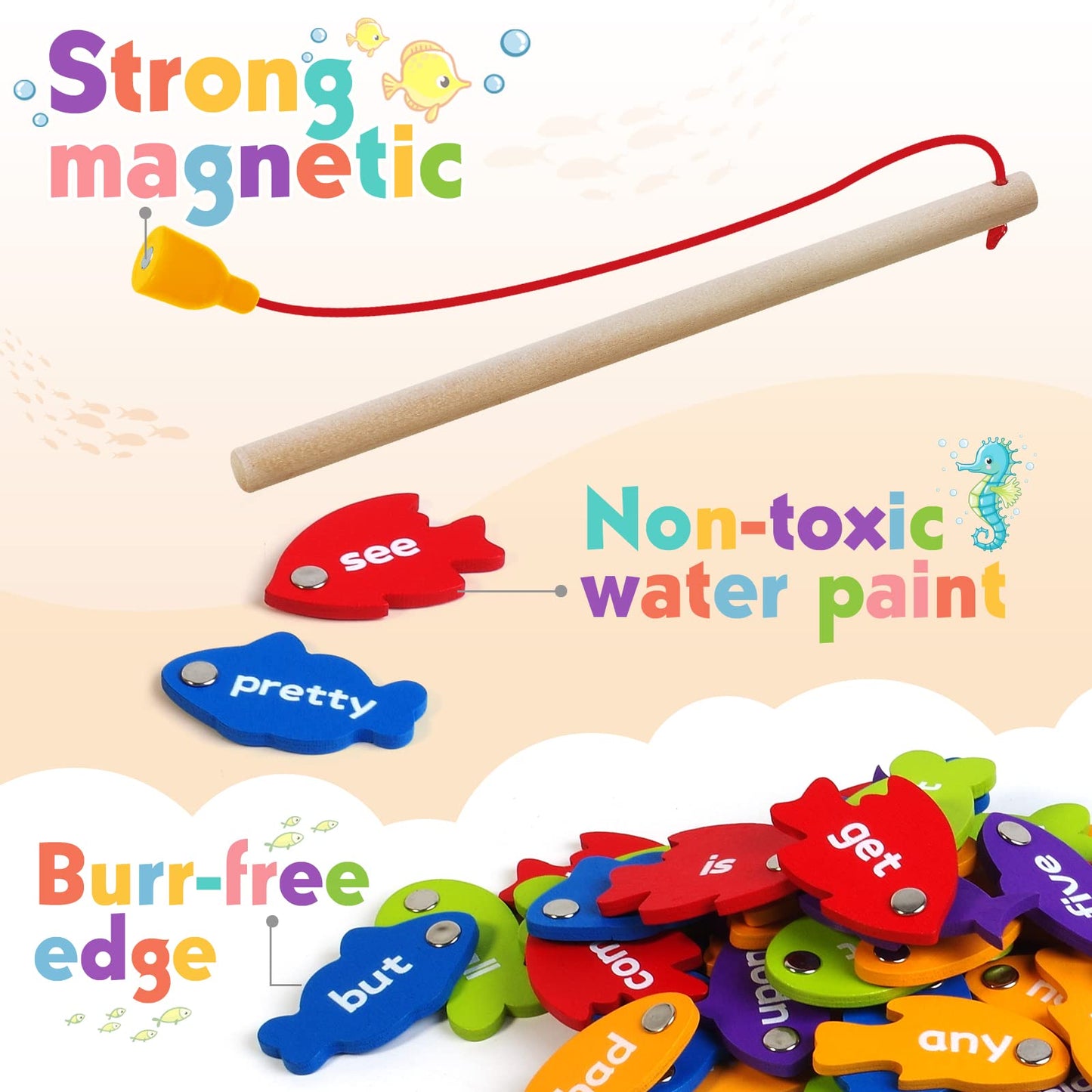 SpringFlower Wooden Magnetic Sight Word Fishing Game, Sight Word Educational Toy for Age of 3,4,5,6