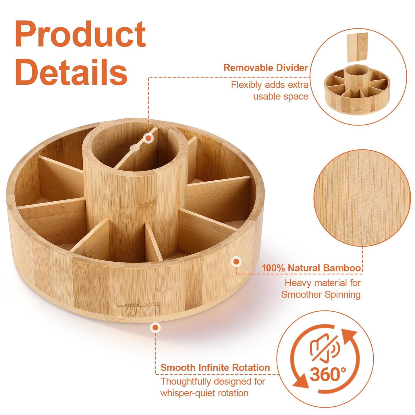 Marker Organizer Rotating Bamboo Desk Organizer, Silent 360° Rotation Caddy, 10 INCH LARGE Art