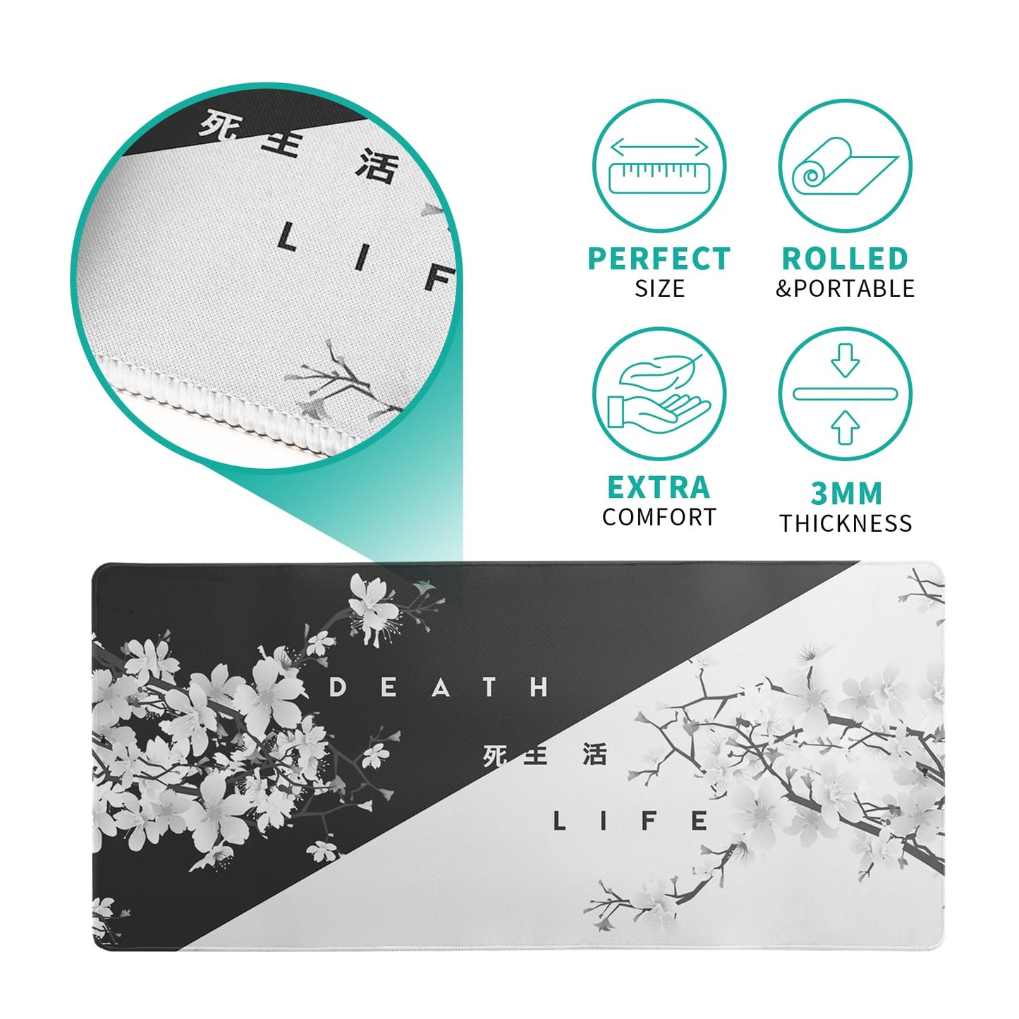 Black and White Mouse Pad 31.5 X 11.8 Inch Japanese Cherry Blossom Extended Large Mouse Mat