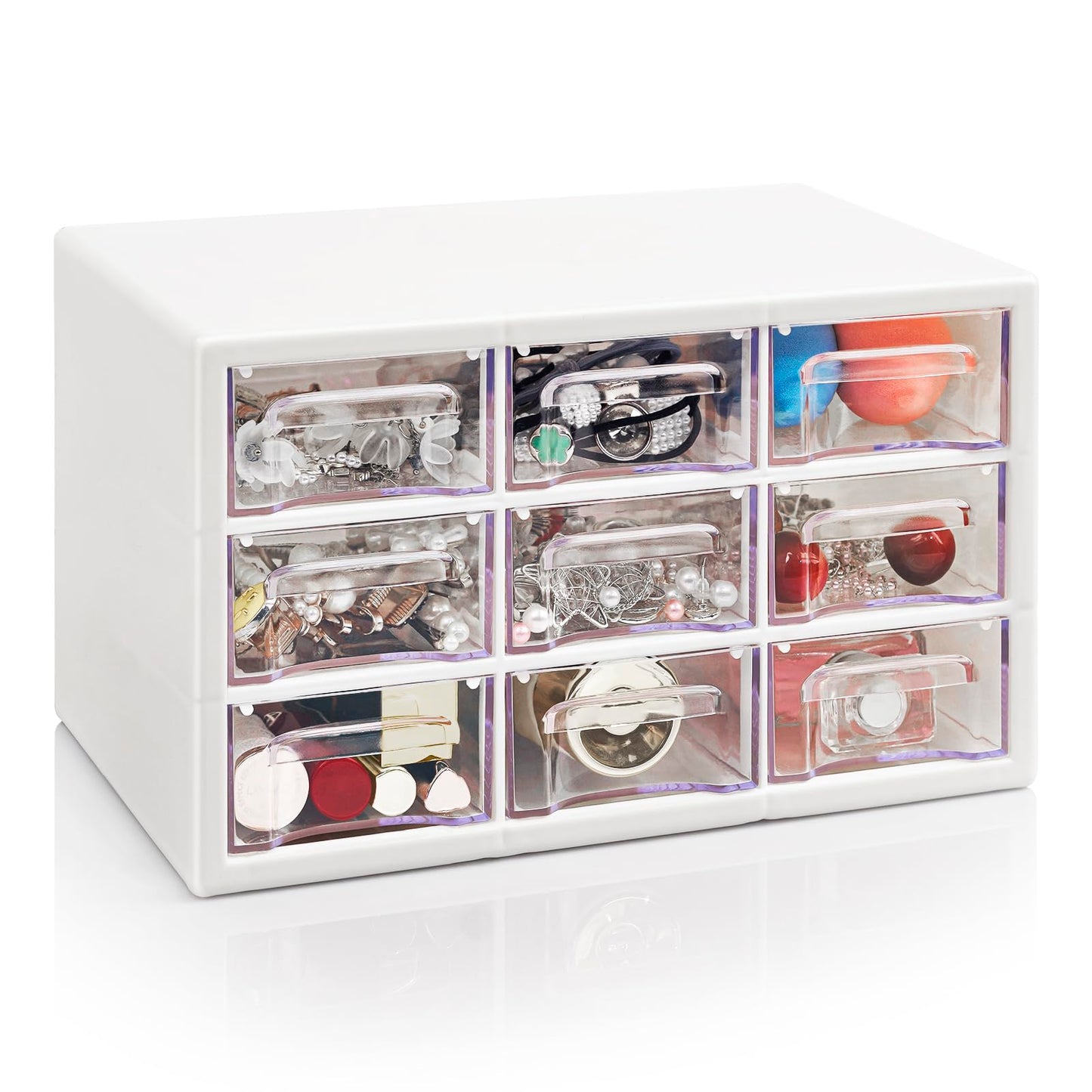 FODIENS Stackable Desk Organizer with 9 Drawers, Clear Storage Box, White