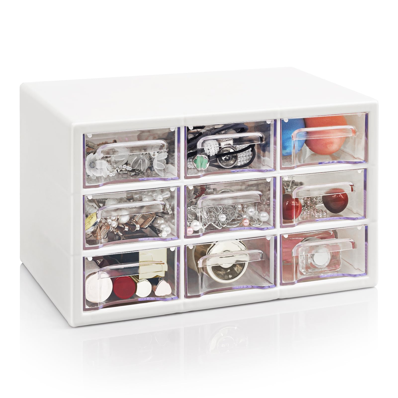 FODIENS Stackable Desk Organizer with 9 Drawers, Clear Storage Box, White
