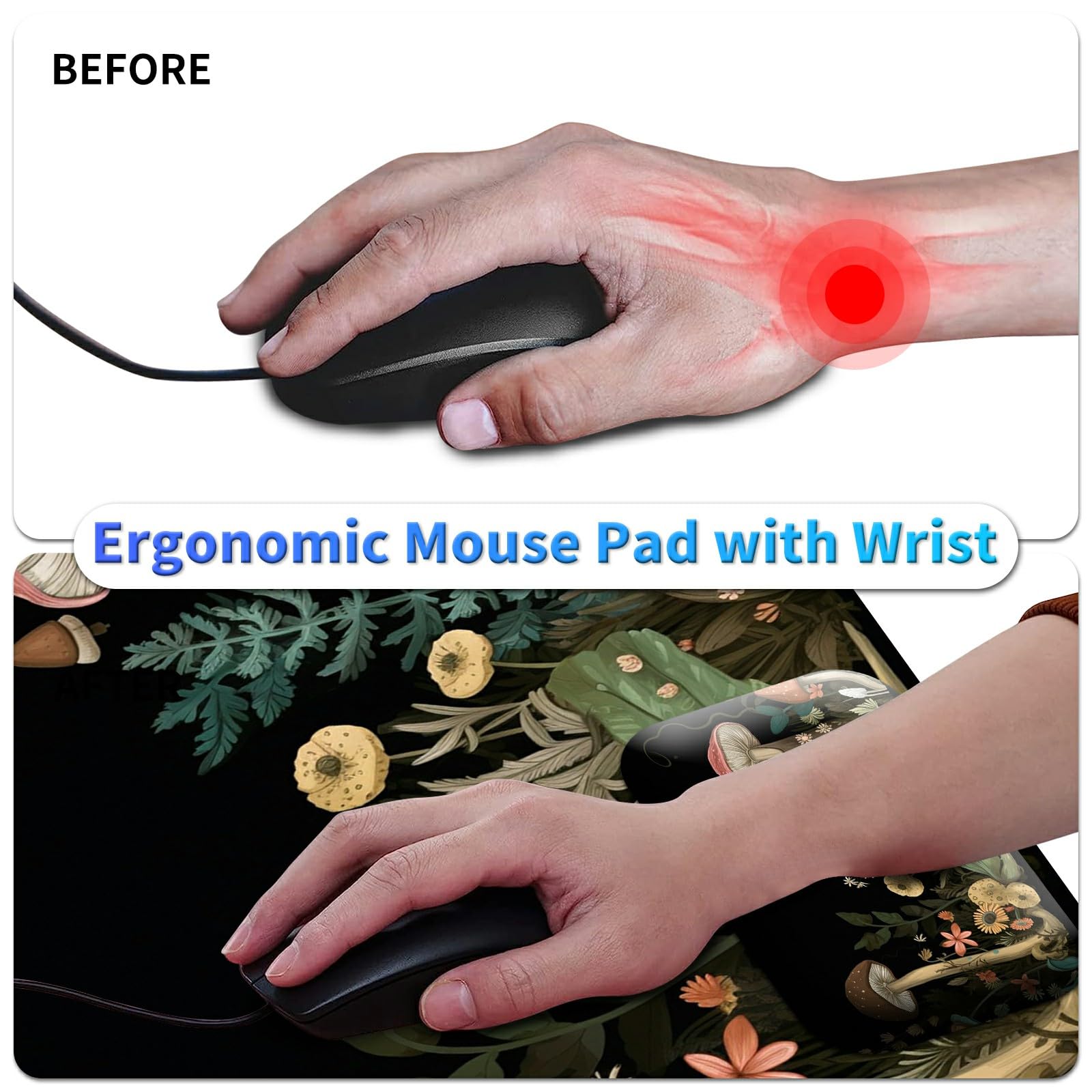 BPQOJB Laptop Mouse Pad 27.5 x 11.8 inch & Small Wrist Rests with Coasters and Mushroom and Flower
