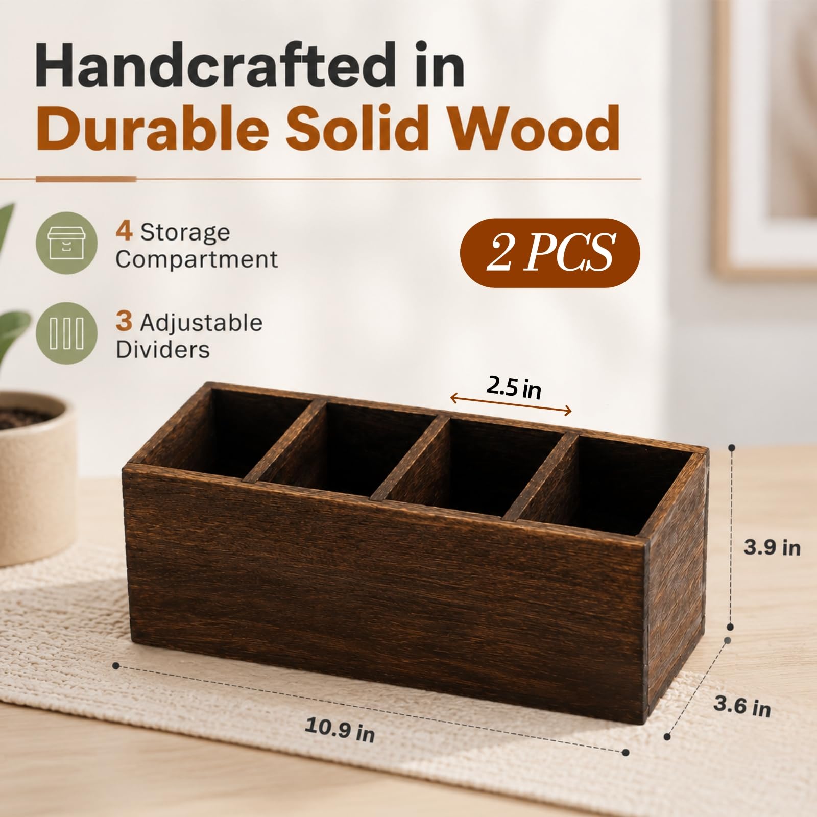 Dicunoy 2 Pack Wooden Pencil Holder for Desk, Rustic Wood Remote Control Holder Caddys, Retro Table