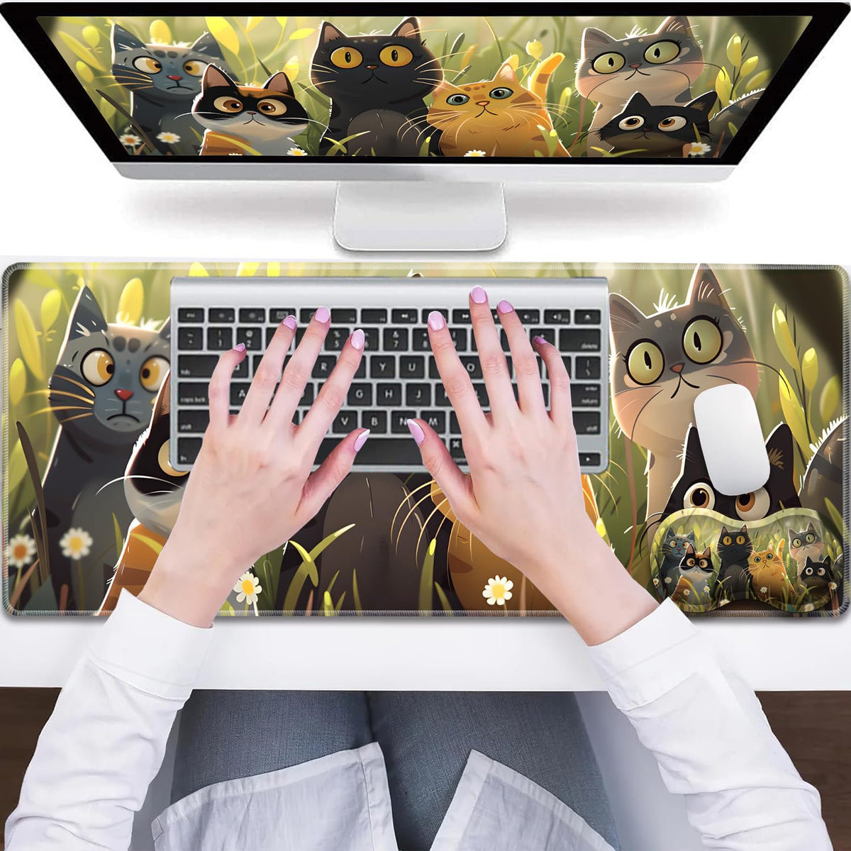 3-Piece Cartoon Cat Mouse Pad Set, Including Wrist Support Pad and Cup Holder, with Waterproof and