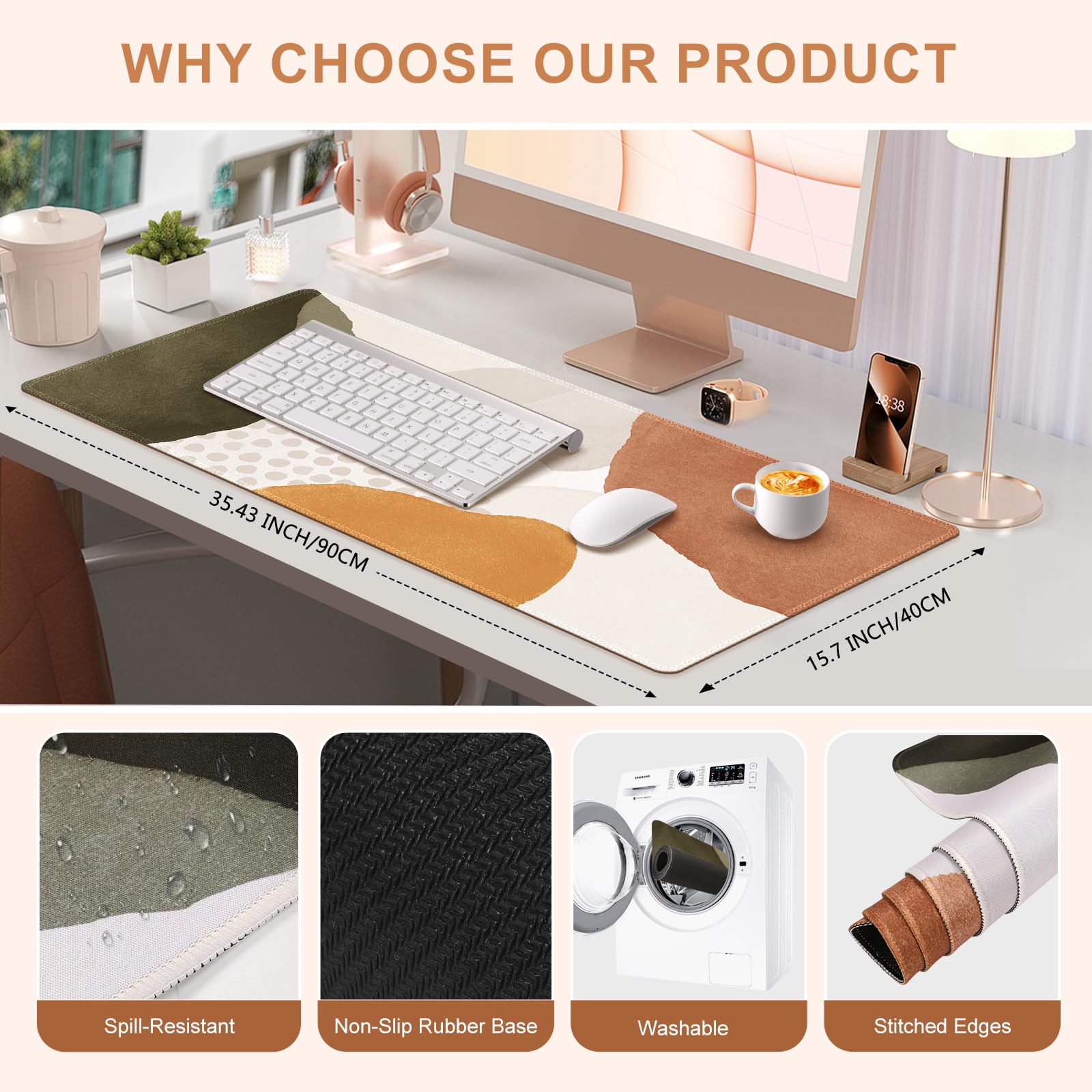 HAOCOO Boho Desk Mat, XL Non-Slip Mouse Pad for Office(Brown& Beige)
