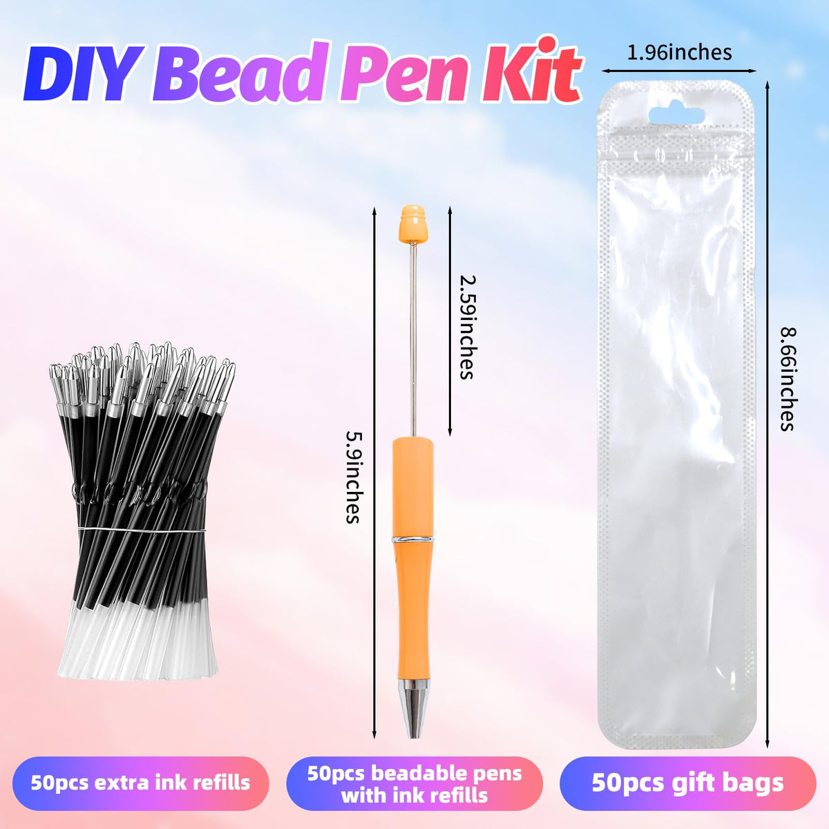 DASTTUIS 150 Pieces DIY Beadable Pen Kit – 50 Plastic Ballpoint Pens with Refills & Bags – School