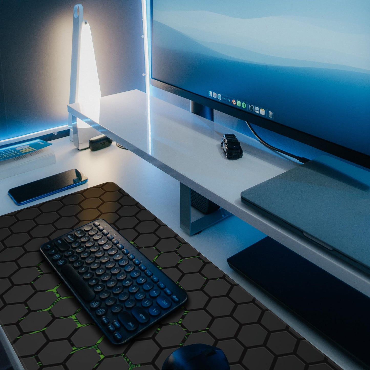 Desk Pad, Green Honeycomb Science Technology Extended Gaming Mouse Pad Large, 35.4"x15.7" Big Mouse