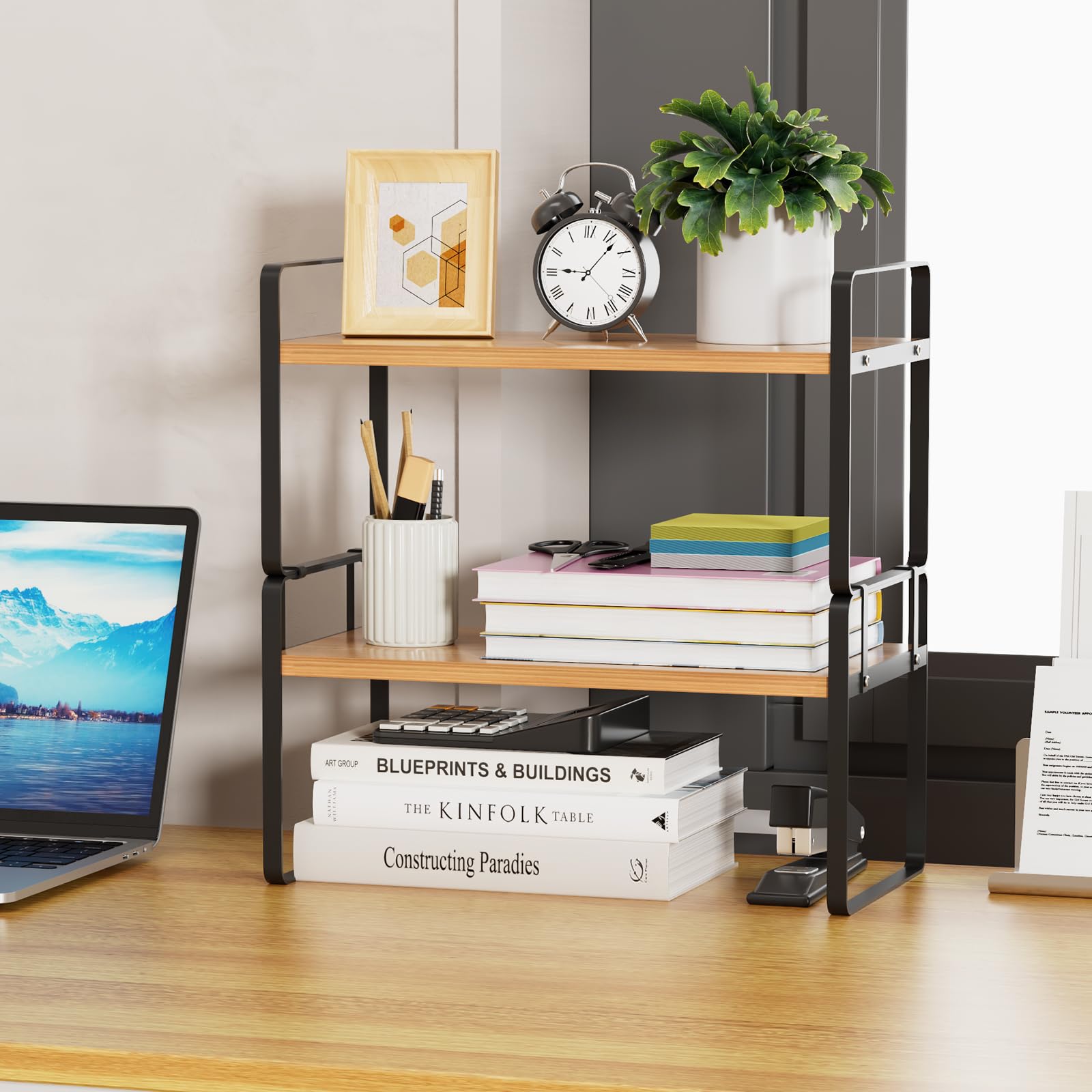 YGYQZ Desk Shelf Organizer, 2-Tier Desktop Bookshelf, Black & Wood