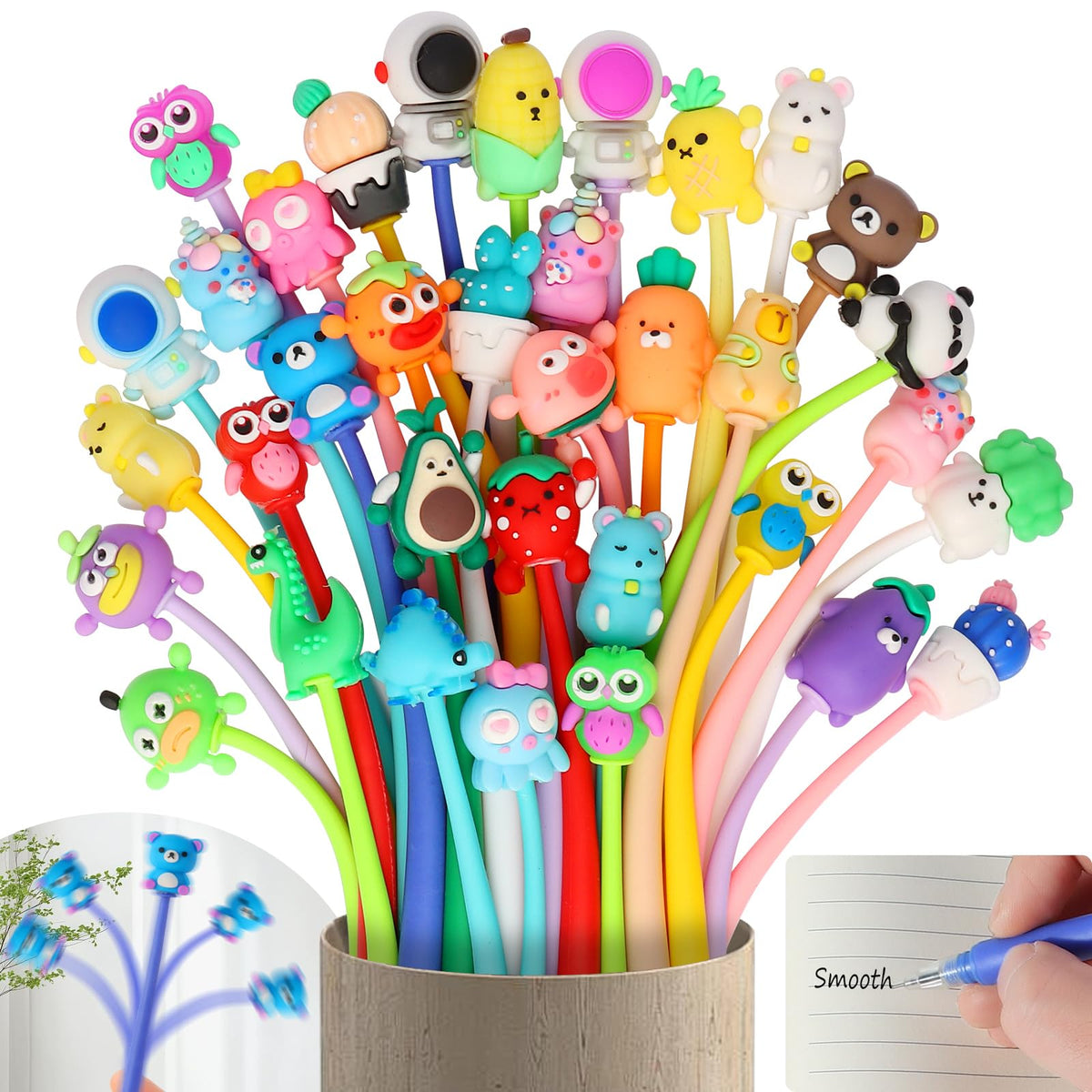 LiYiQ 48 PCS Cartoon Stress Relief Bobblehead Pens Fun Cute Pen Fidget Pens Kawaii Octopus Bear