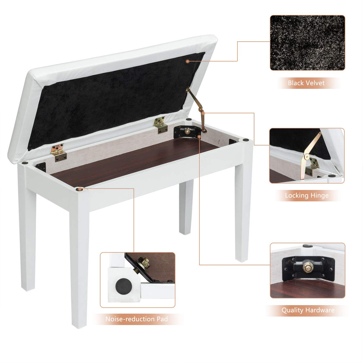 Bonnlo White Duet Piano Bench with Storage, Wooden Padded Seat