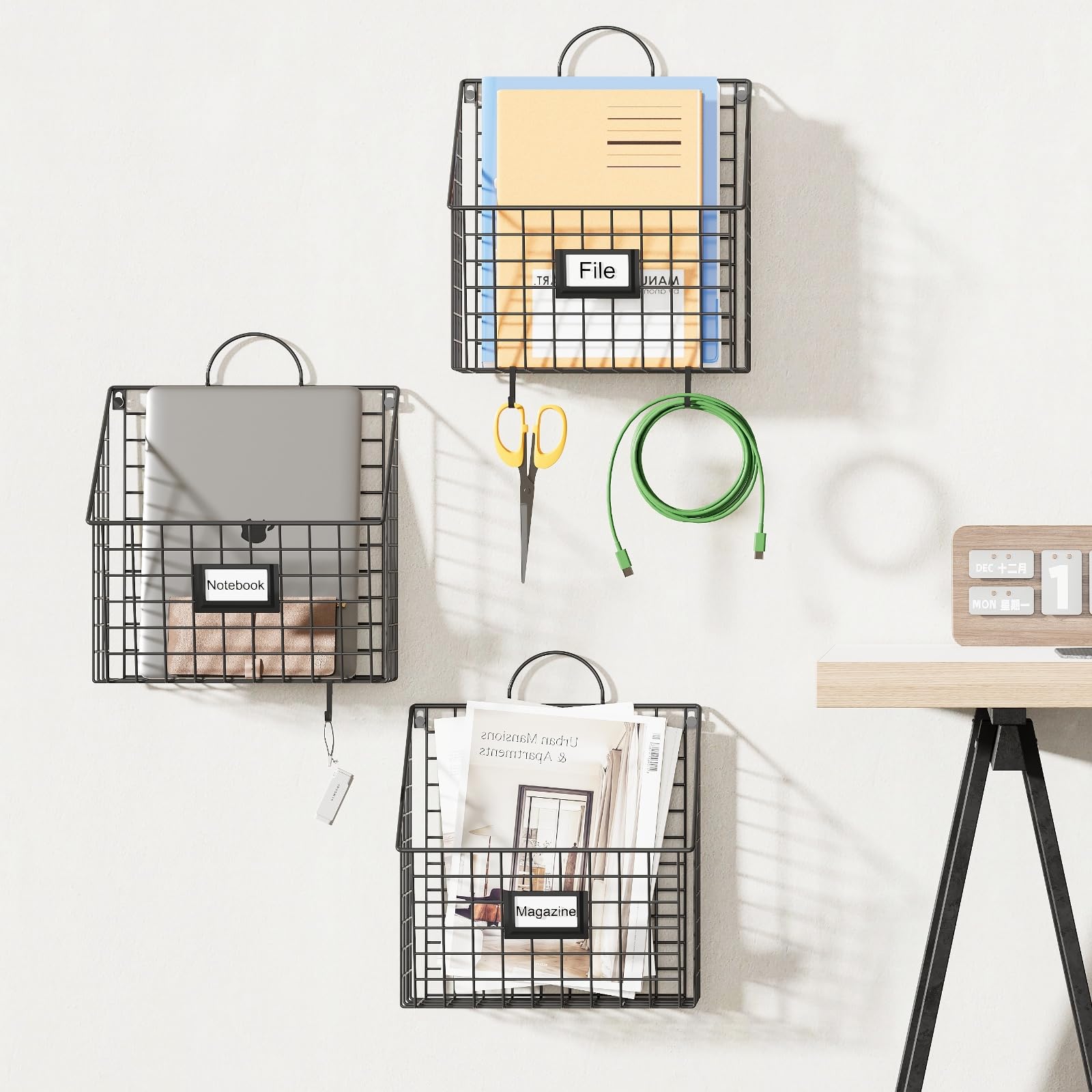 3 Packs Hanging Wall File Organizer with Hooks, Magazine Rack ,Mail Basket