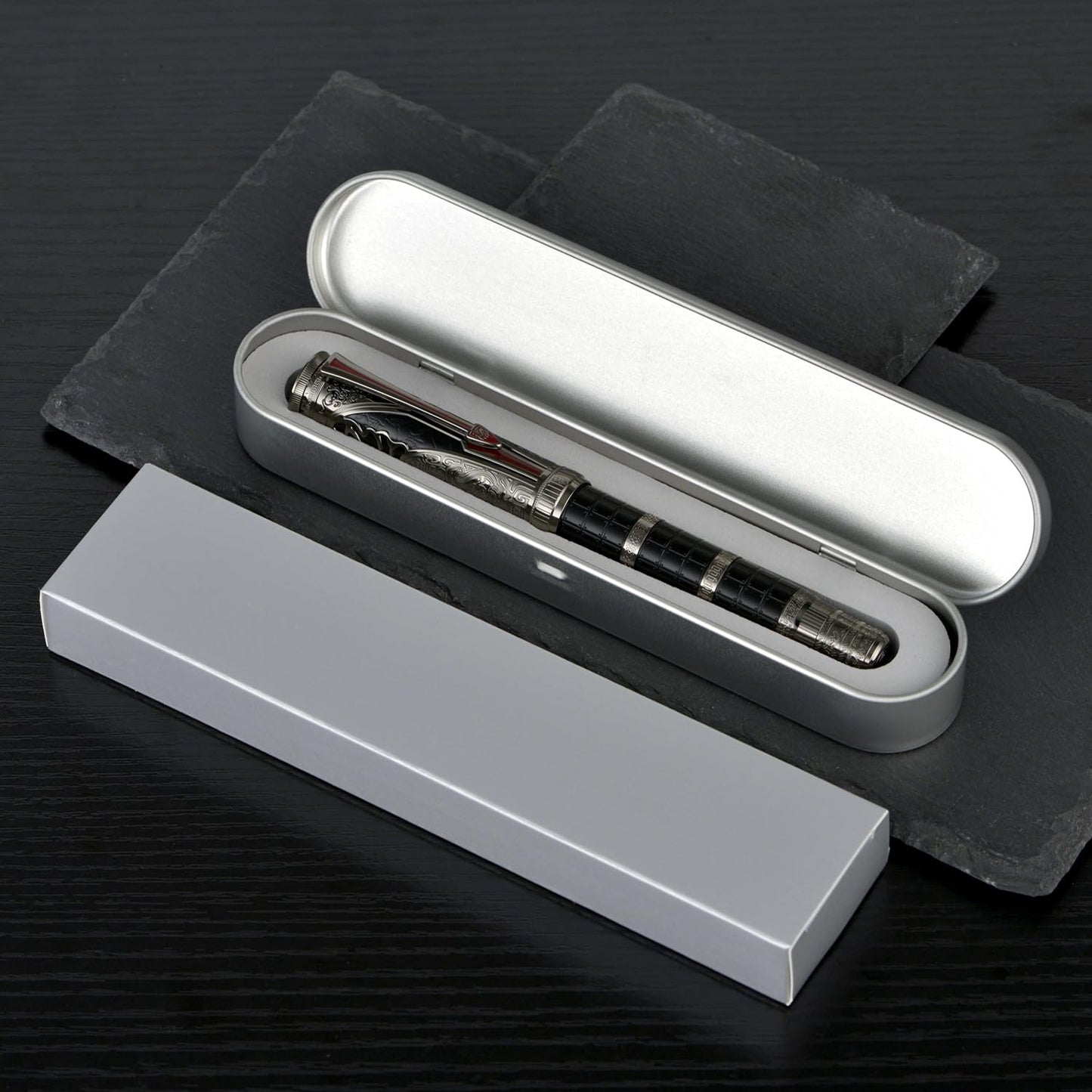 Hongdian D5X Fountain Pen Black Fine Nib, Qin Dynasty Retro Chinese Totem Engraving with Converter