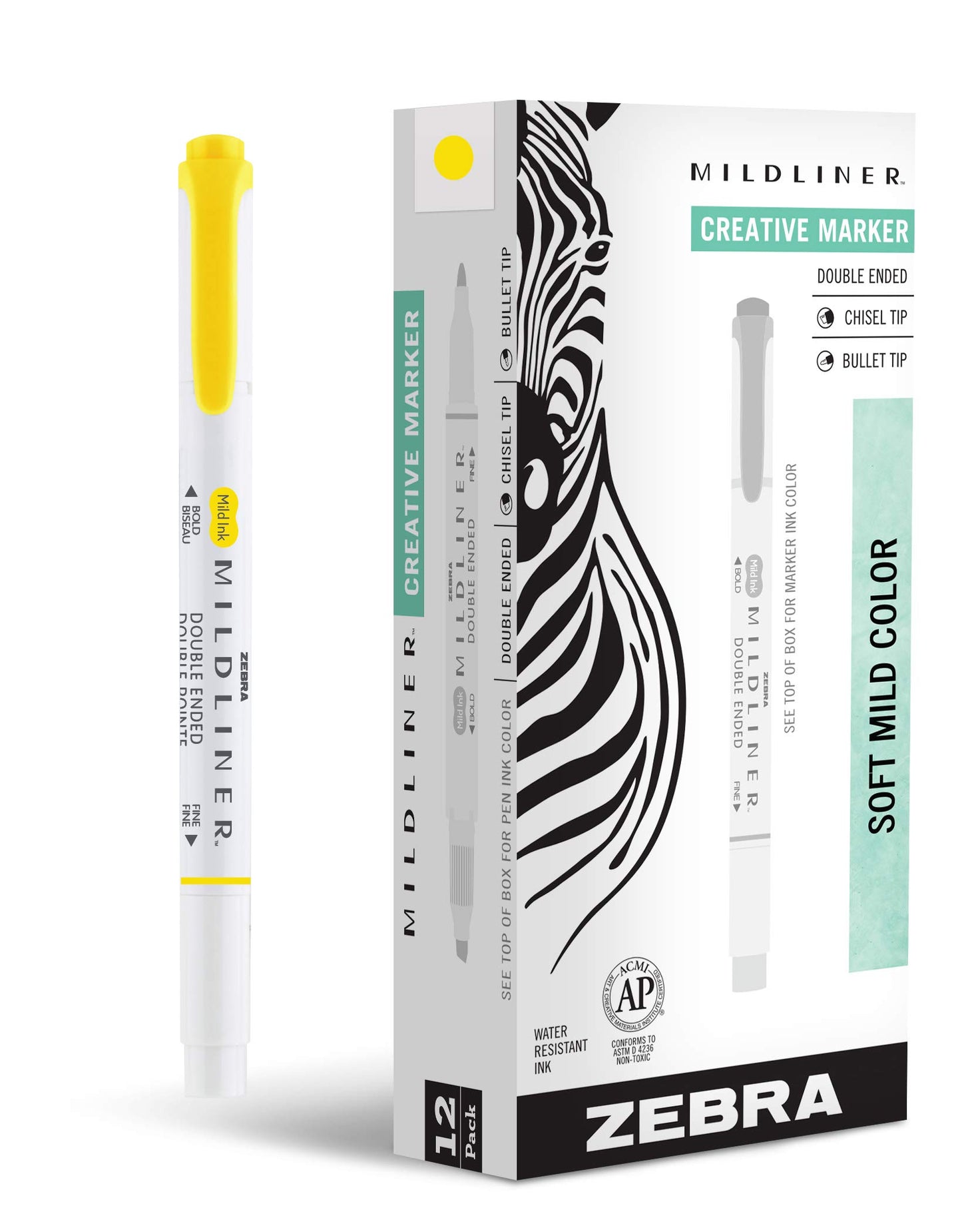 Zebra Pen MILDLINER No Bleed Highlighter, Lemon Yellow, Dual Tip, 12-Pack